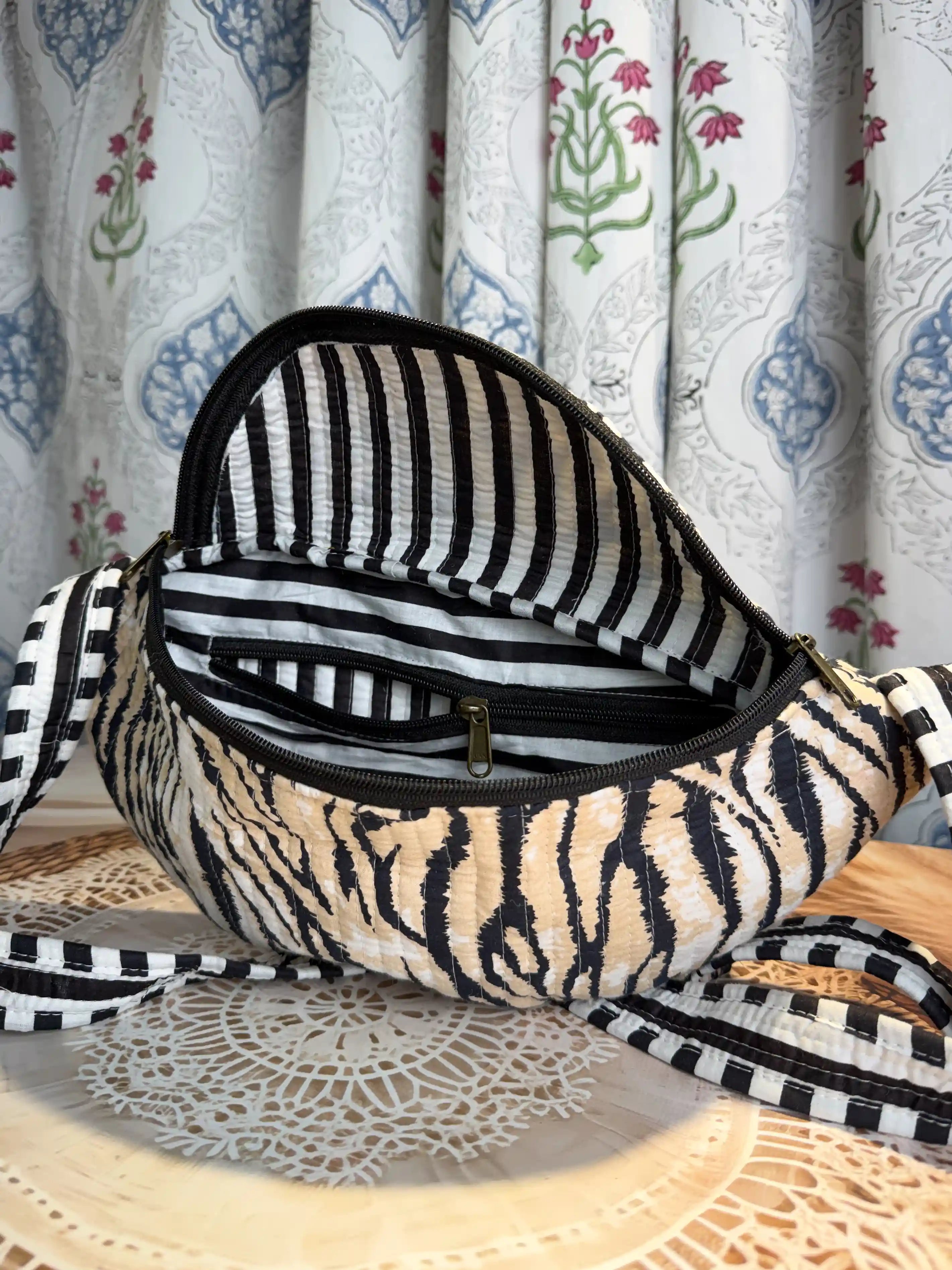 Black and Cream Animal stripe quilted cotton fanny bag with hand block pattern, animal print waist bag for everyday hands-free carry