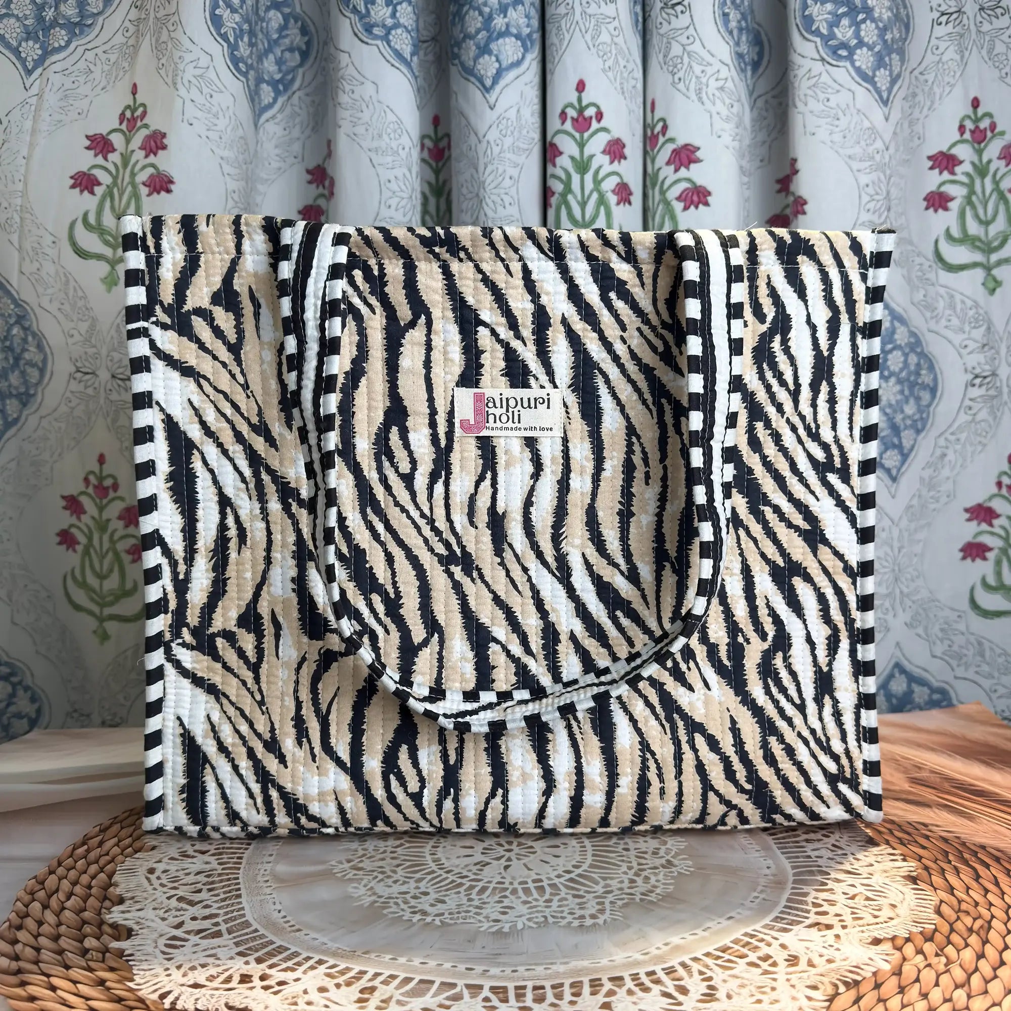 Black and white tiger stripe quilted cotton open mini tote with hand block print, striking animal print mini bag for everyday carry.