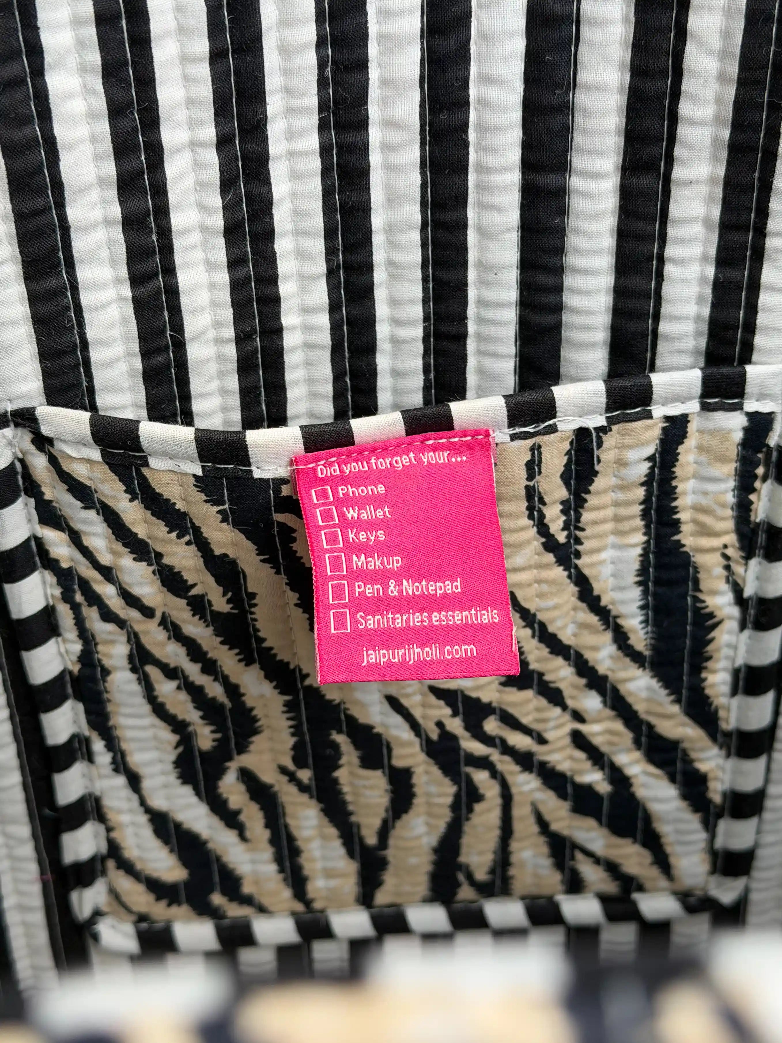 Black and white tiger stripe quilted cotton open mini tote with hand block print, striking animal print mini bag for everyday carry.