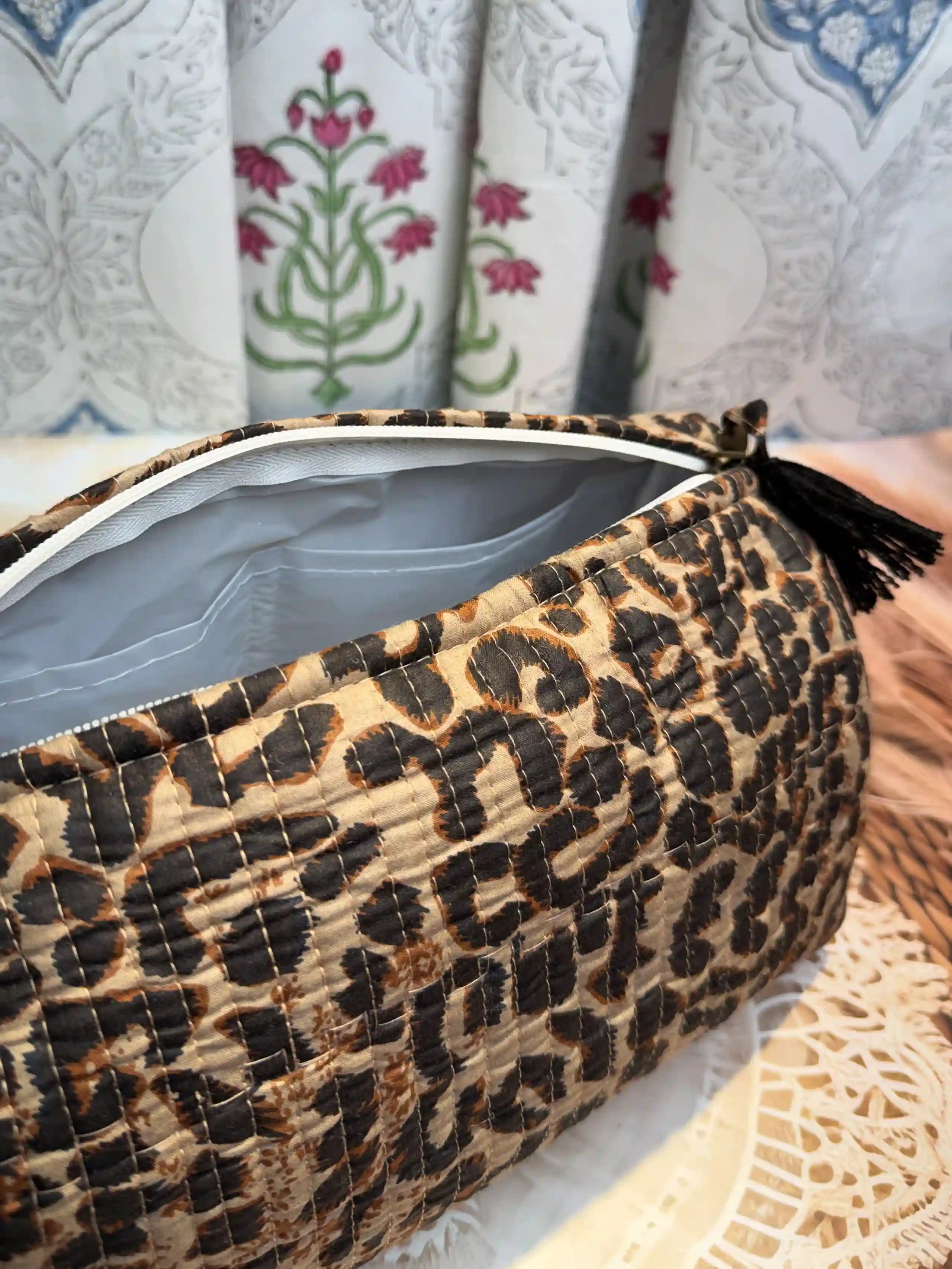 Brown and black quilted cotton toiletry pouch set with leopard print hand block pattern, animal print three-piece travel organizer for cosmetics and toiletries