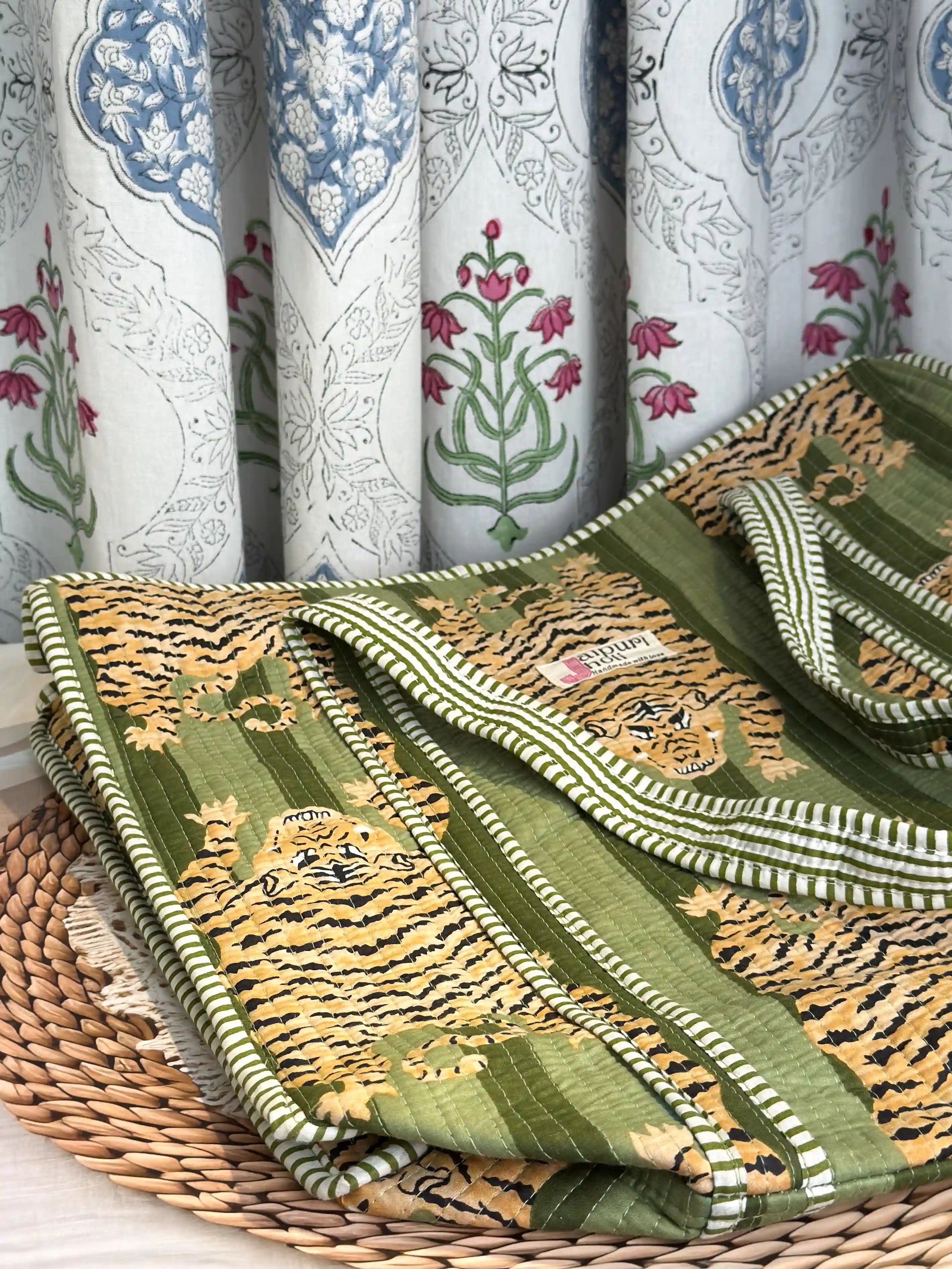 Green quilted cotton open mini tote featuring tiger hand block print, compact animal print shoulder bag for daily use and travel.
