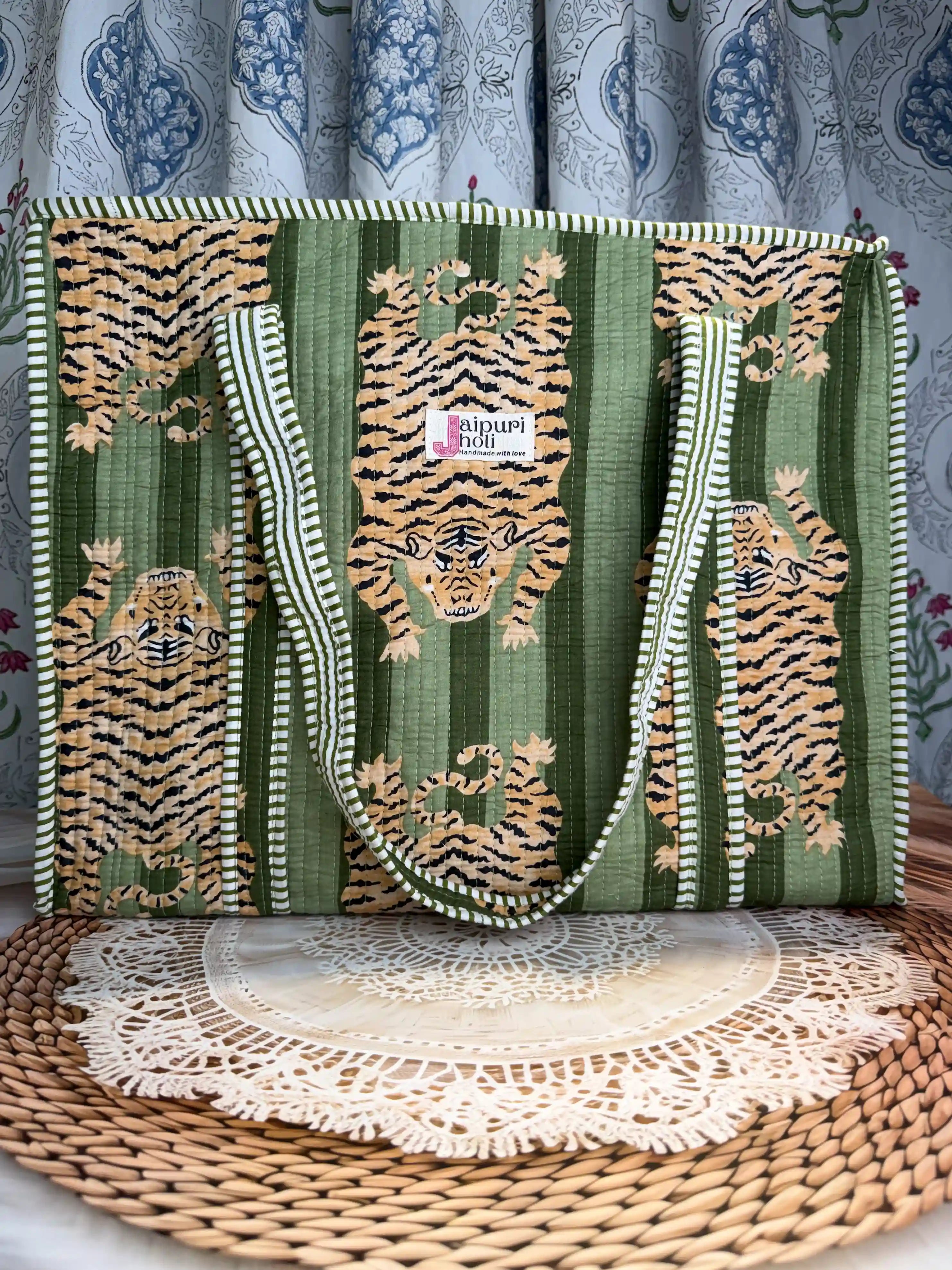Green quilted cotton tote bag with tiger print hand block design and zip, animal print shoulder bag for daily use and travel