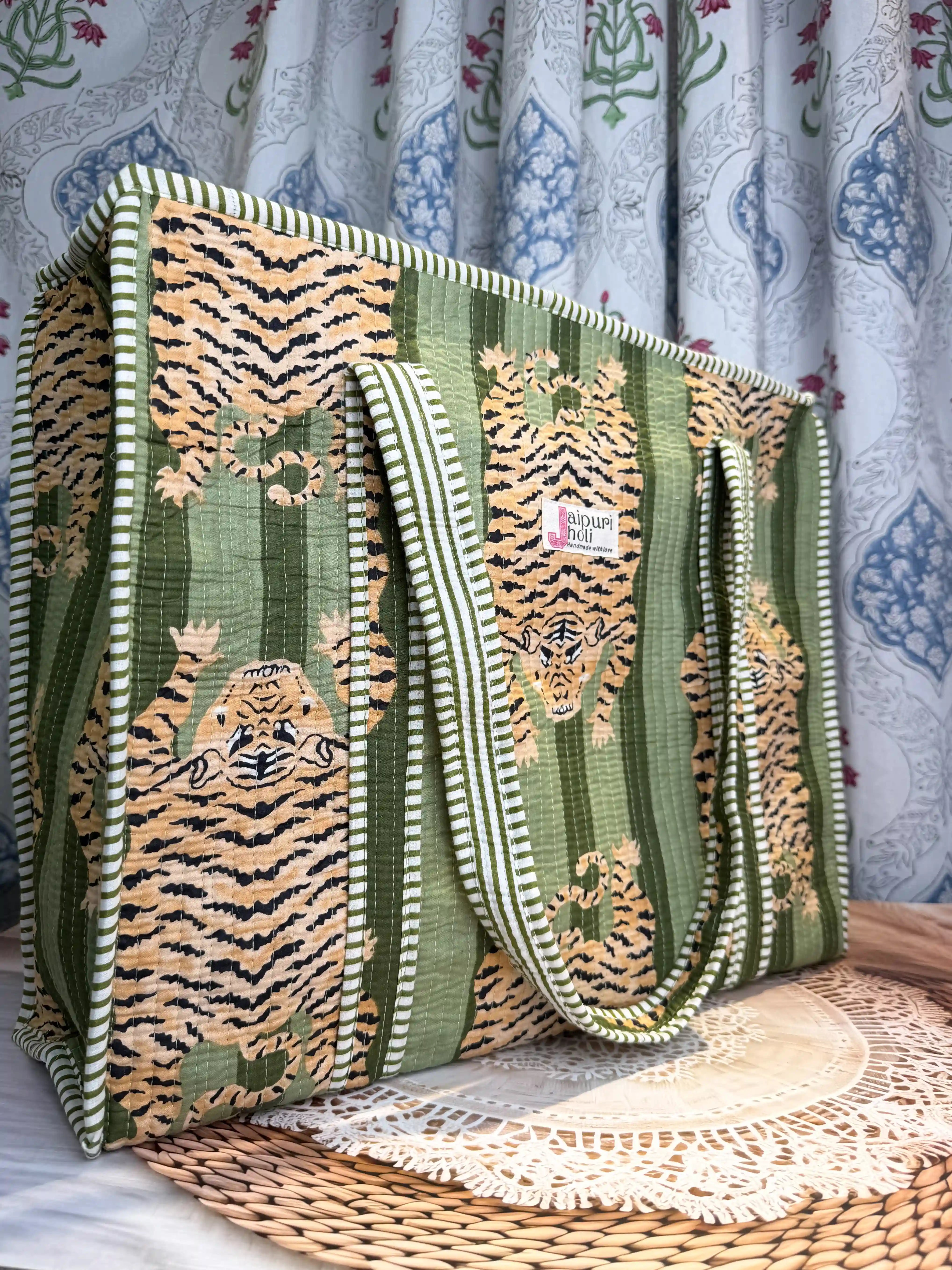 Green quilted cotton tote bag with tiger print hand block design and zip, animal print shoulder bag for daily use and travel