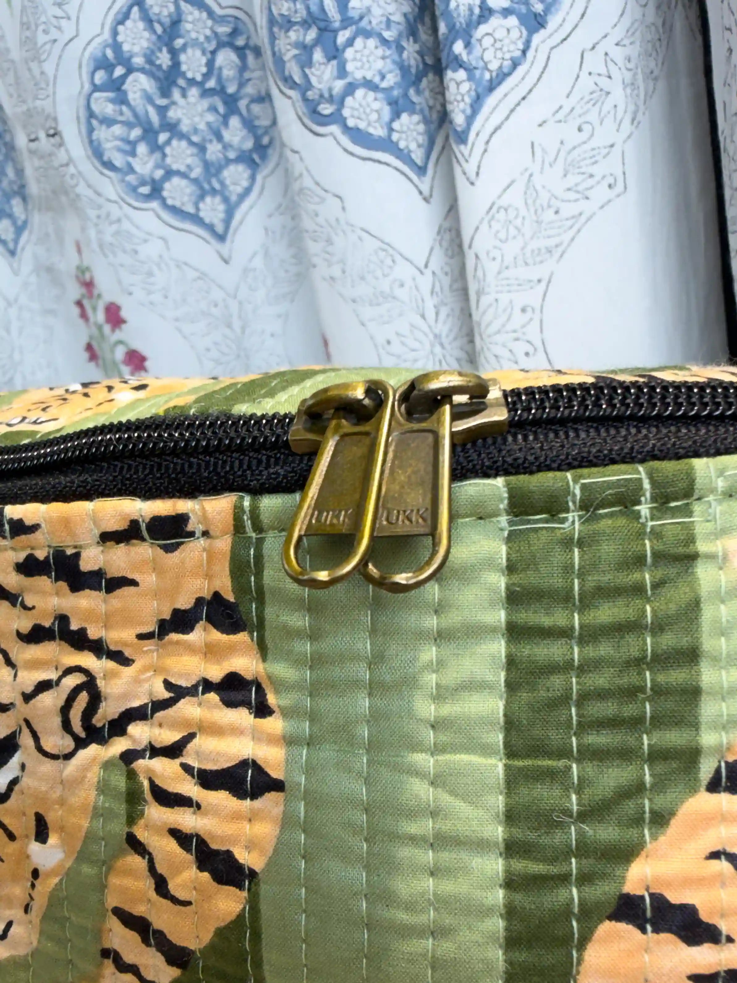 Green quilted cotton fanny bag with tiger print hand block pattern, animal print waist bag with black strap for casual daily use