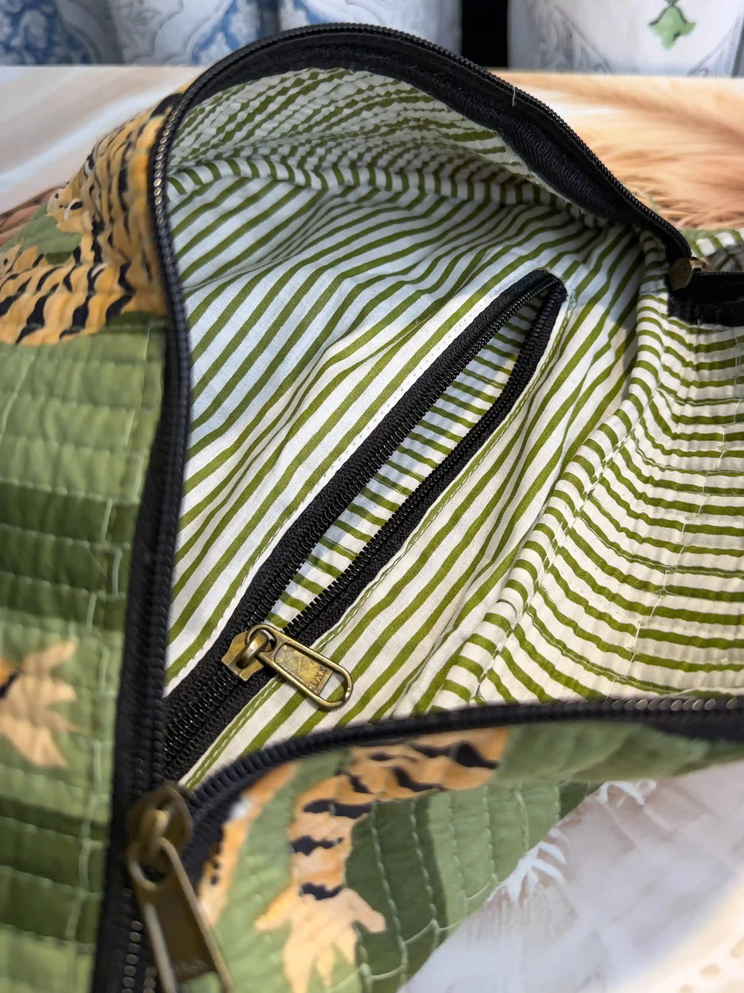 Green quilted cotton fanny bag with tiger print hand block pattern, animal print waist bag with black strap for casual daily use