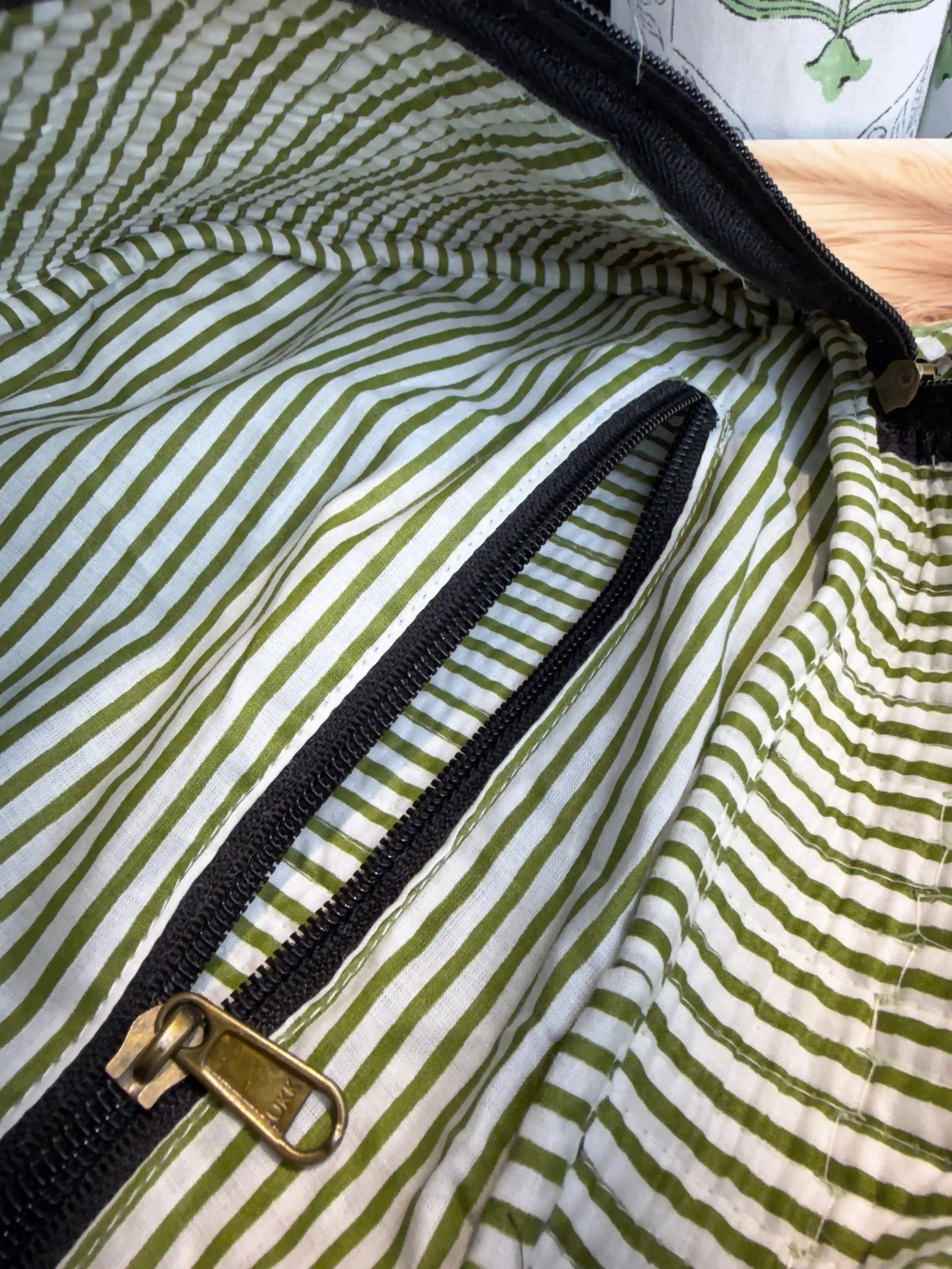 Green quilted cotton fanny bag with tiger print hand block pattern, animal print waist bag with black strap for casual daily use