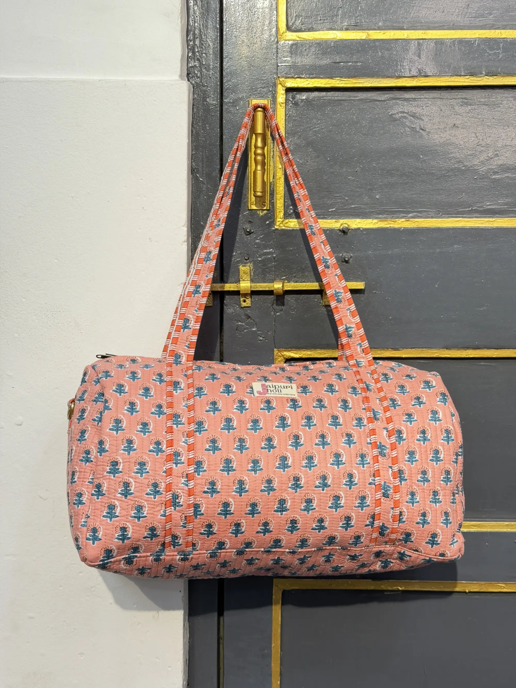 Duffle Bag – Peach Floral Jaipur Cotton Quilted Block Print Travel Bag
