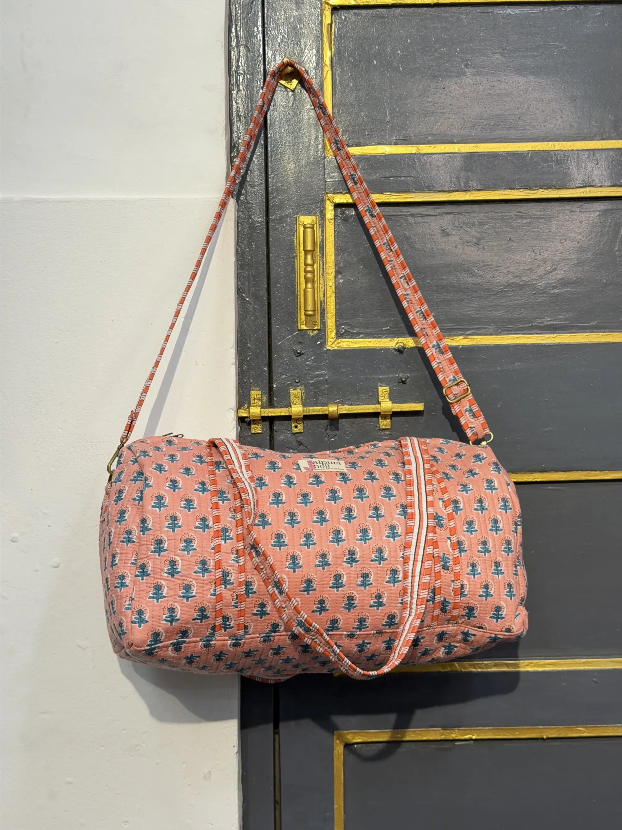 Duffle Bag – Peach Floral Jaipur Cotton Quilted Block Print Travel Bag