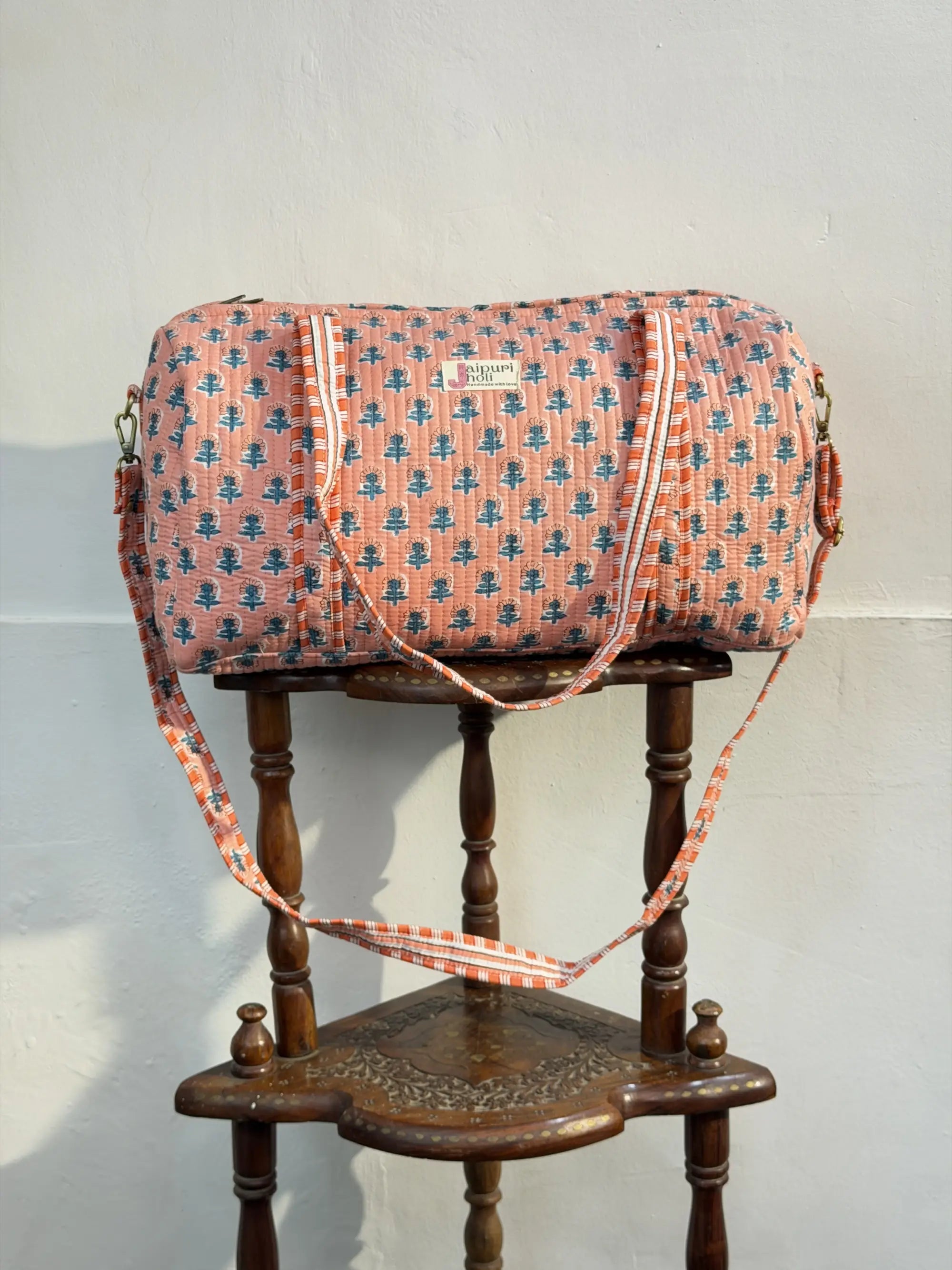 Duffle Bag – Peach Floral Jaipur Cotton Quilted Block Print Travel Bag