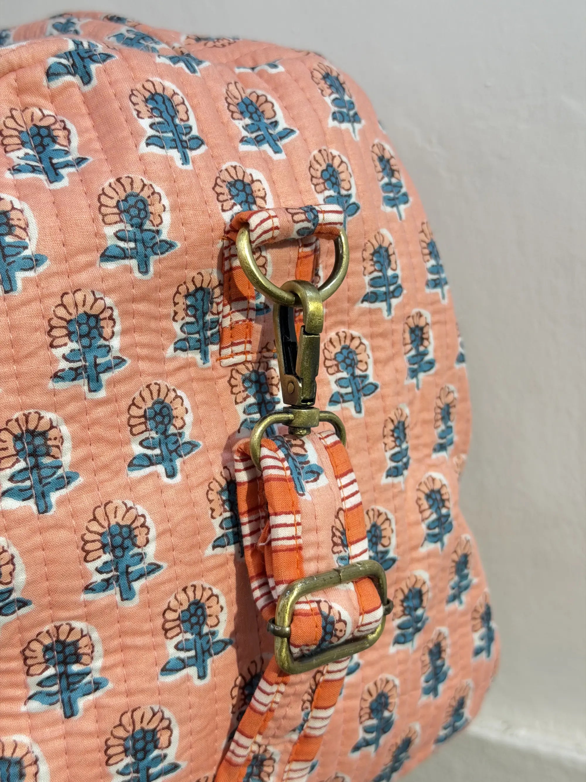 Duffle Bag – Peach Floral Jaipur Cotton Quilted Block Print Travel Bag
