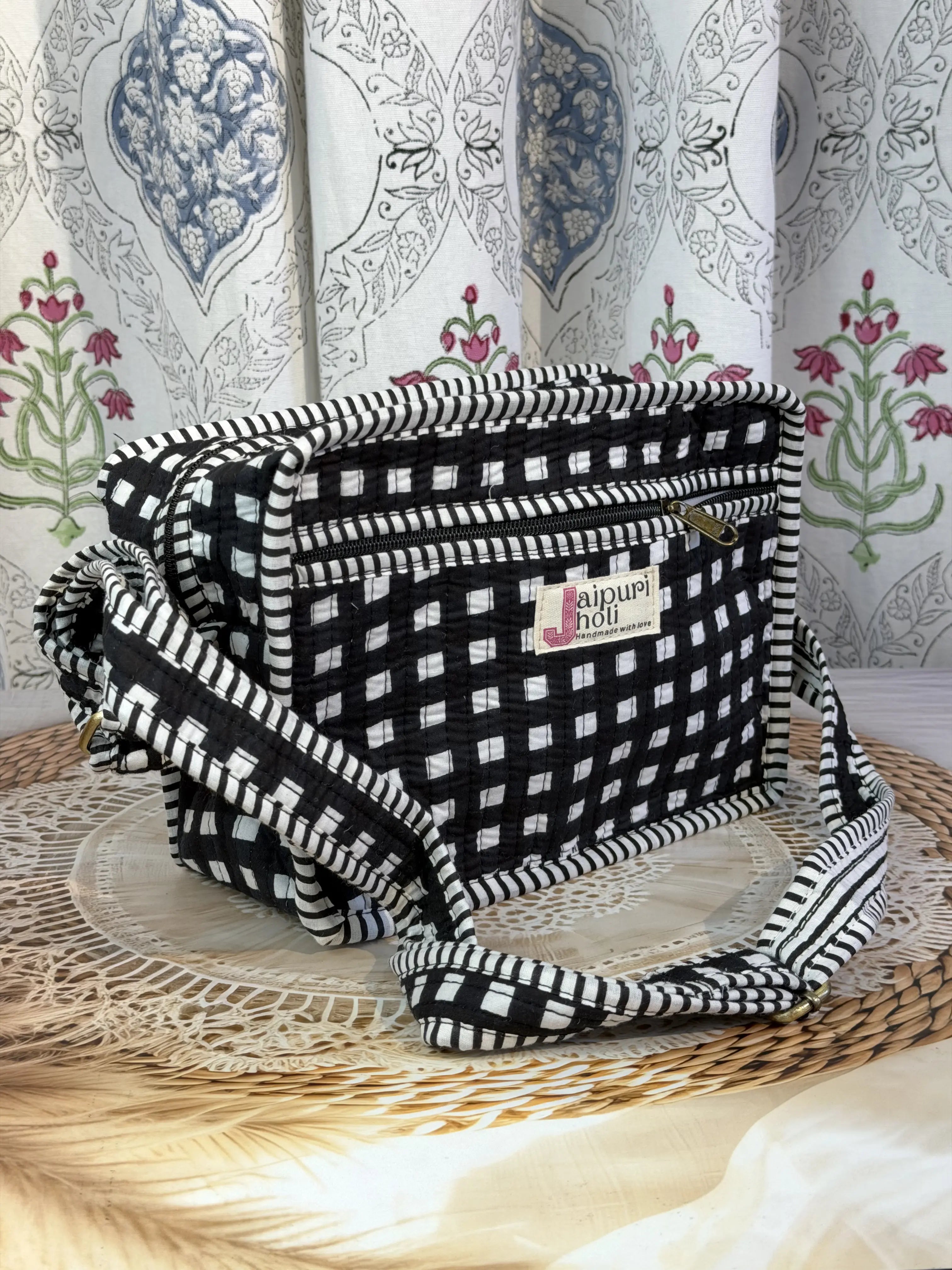 Jaipur Block Print Cotton Sling Bags - Black & White Check
