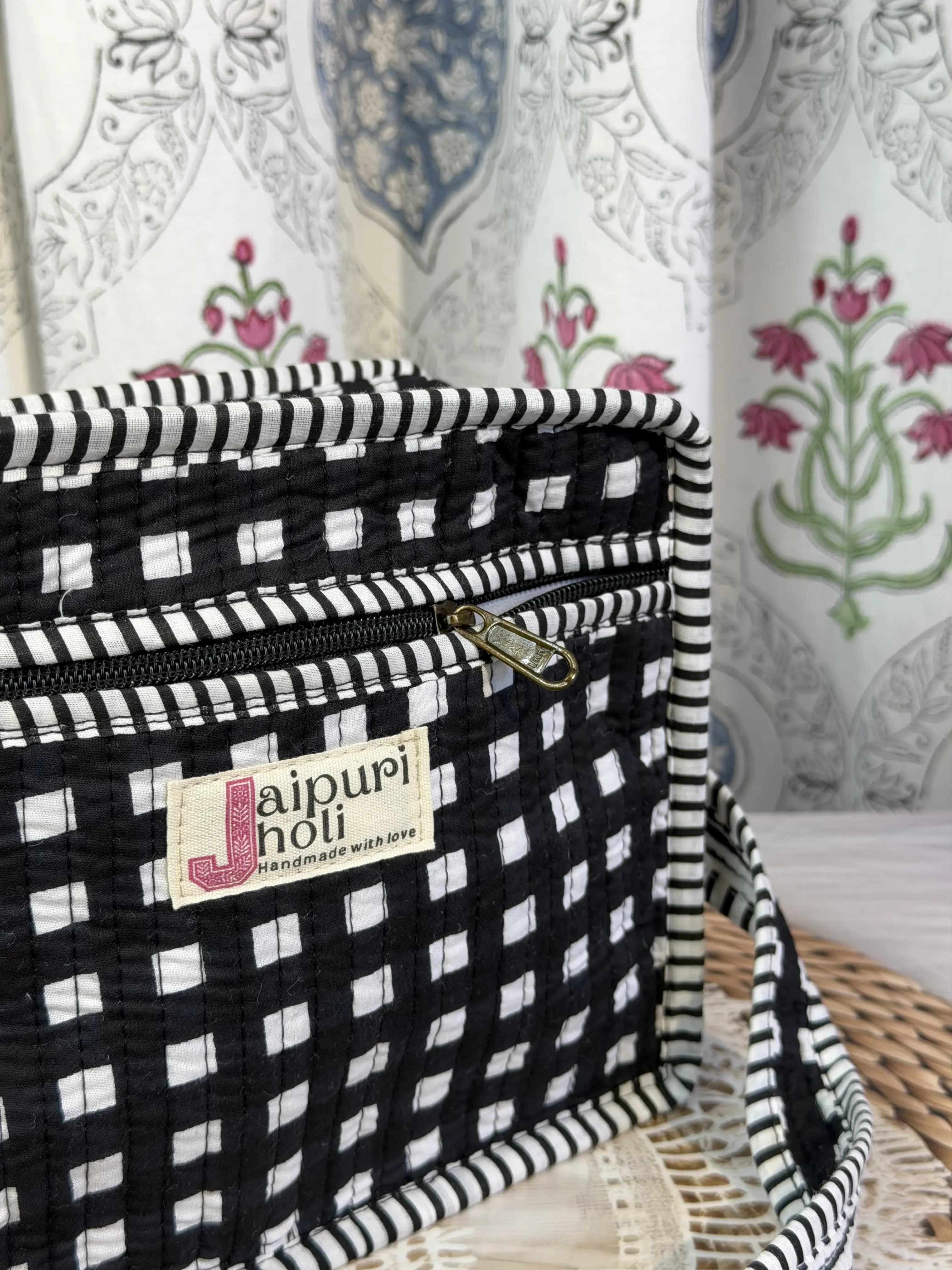 Jaipur Block Print Cotton Sling Bags - Black & White Check
