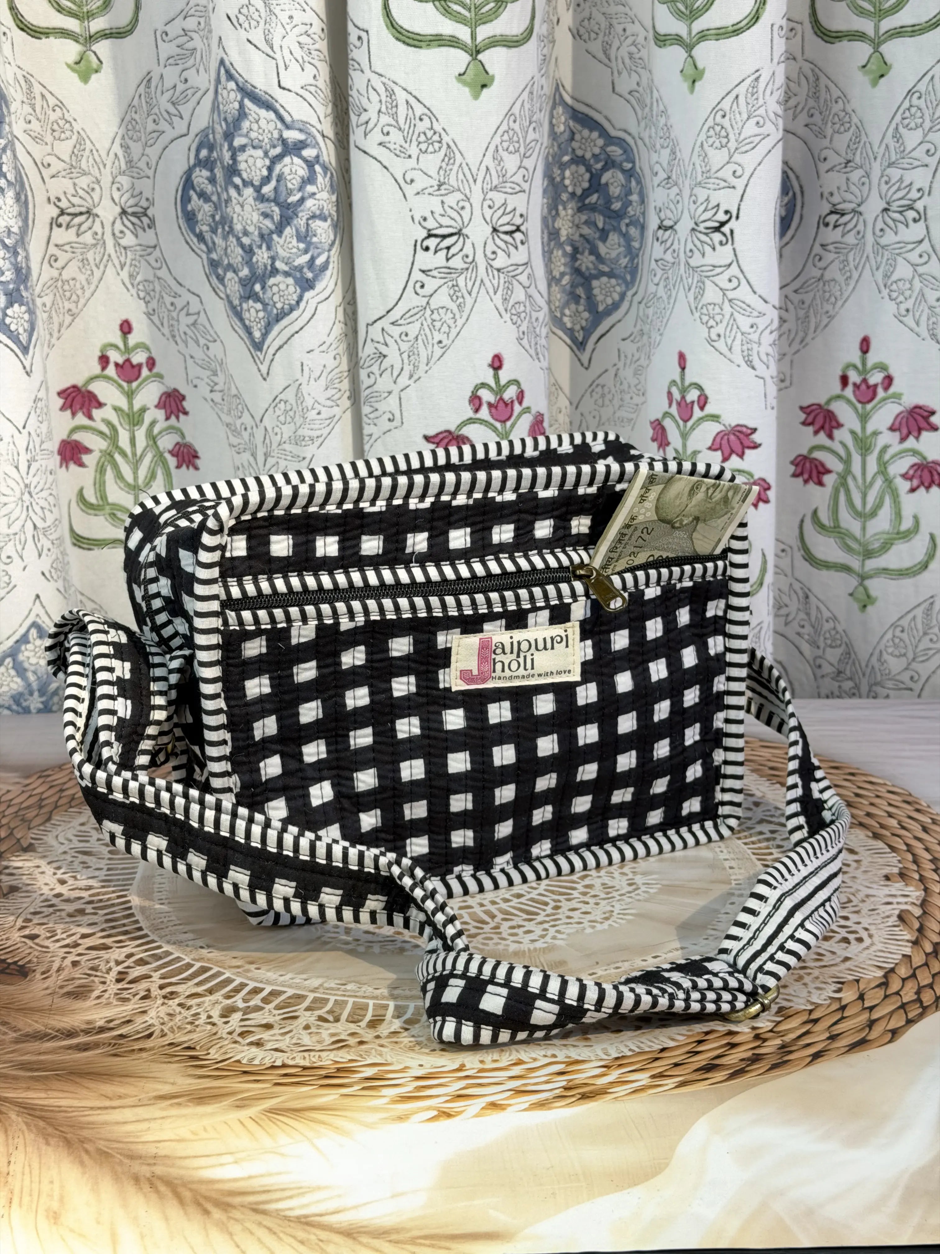 Jaipur Block Print Cotton Sling Bags - Black & White Check