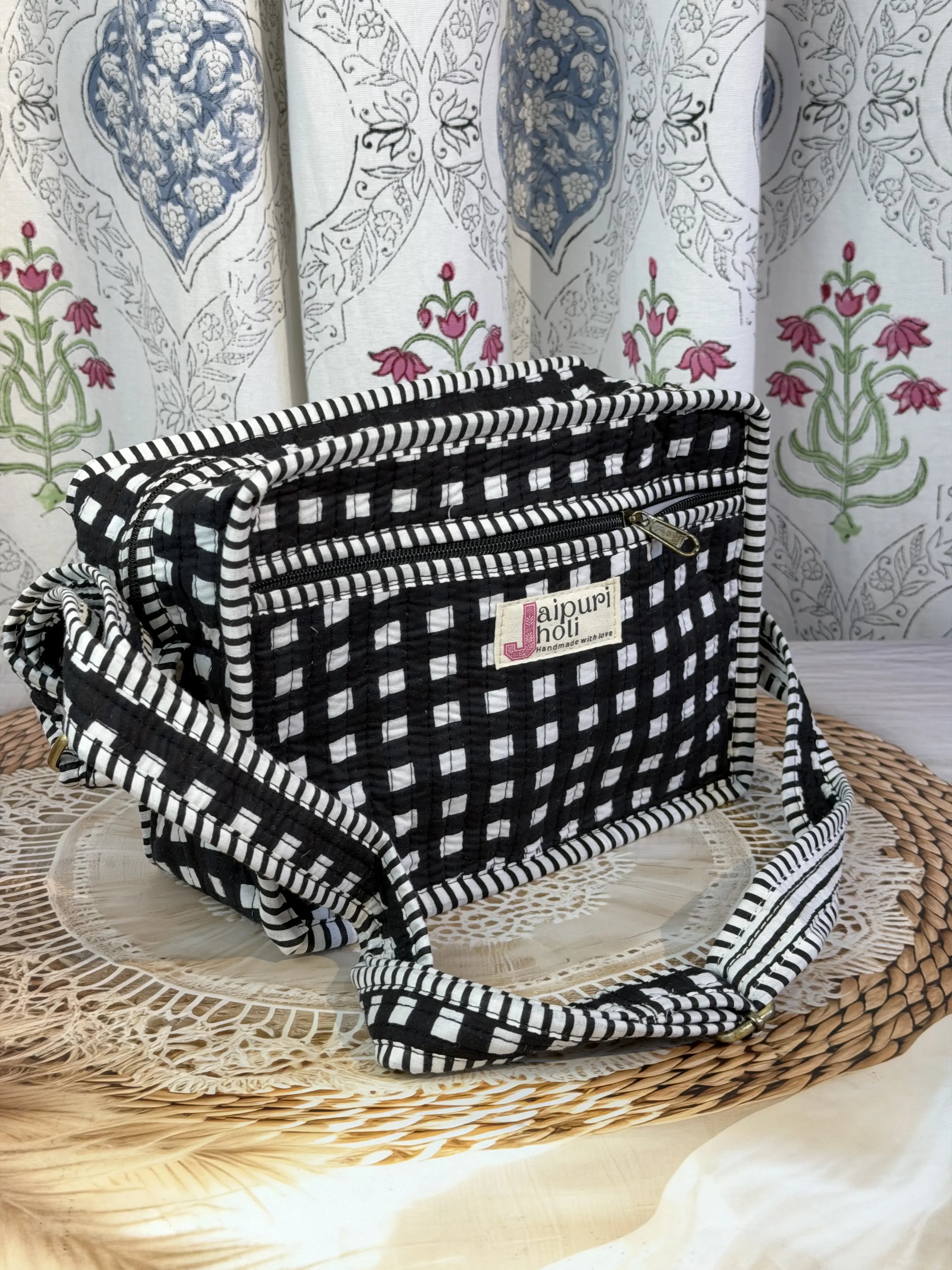 Jaipur Block Print Cotton Sling Bags - Black & White Check