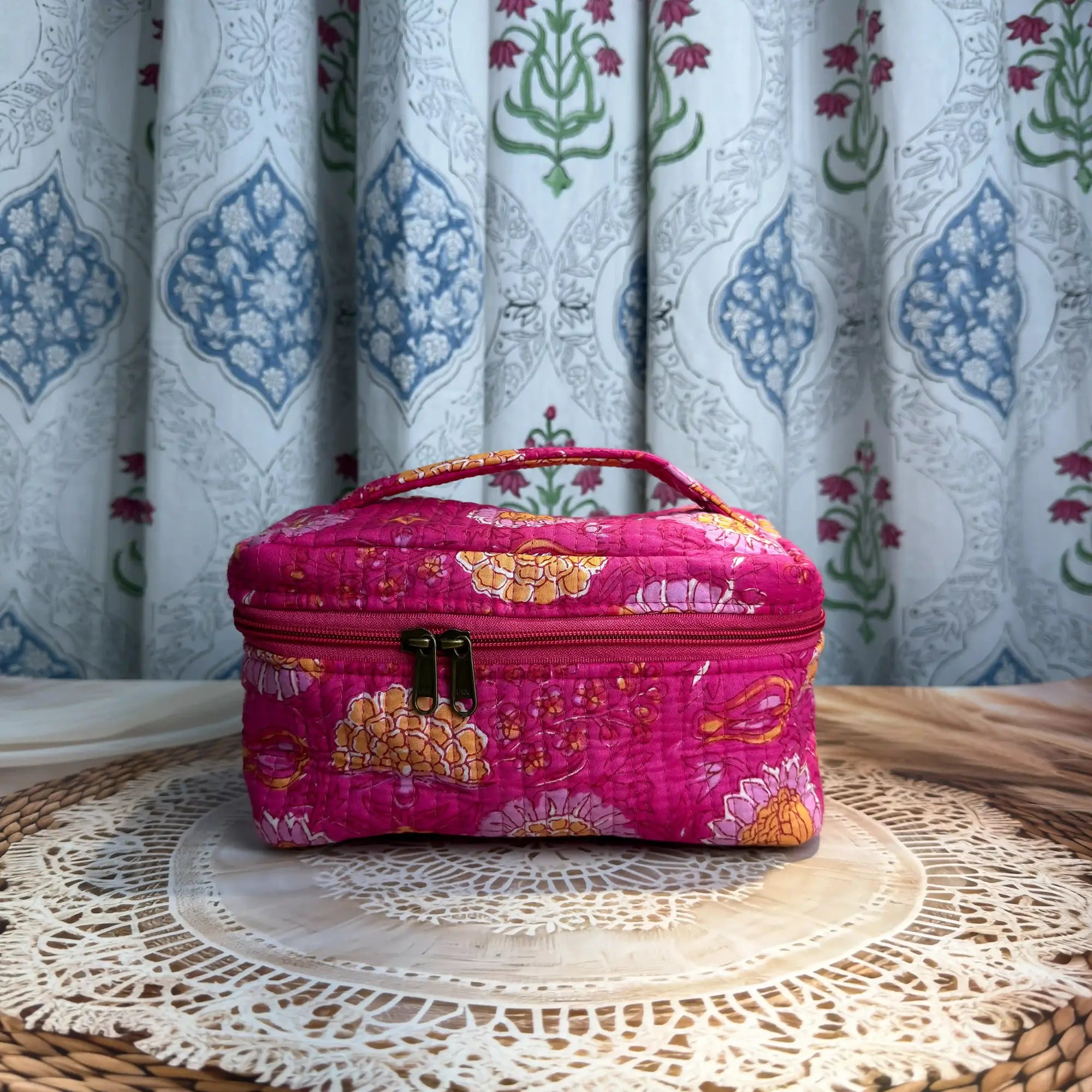 Pink quilted cotton cosmetic vanity bag with golden multicolor animal hand block print, spacious handcrafted pouch for cosmetics and grooming essentials