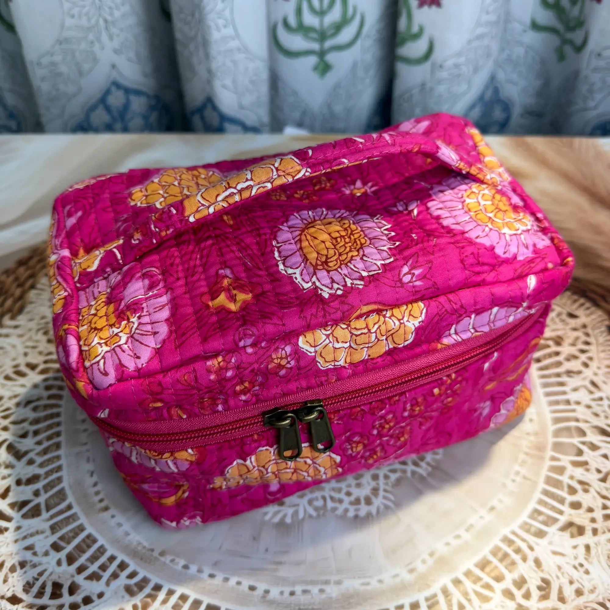 Pink quilted cotton cosmetic vanity bag with golden multicolor animal hand block print, spacious handcrafted pouch for cosmetics and grooming essentials