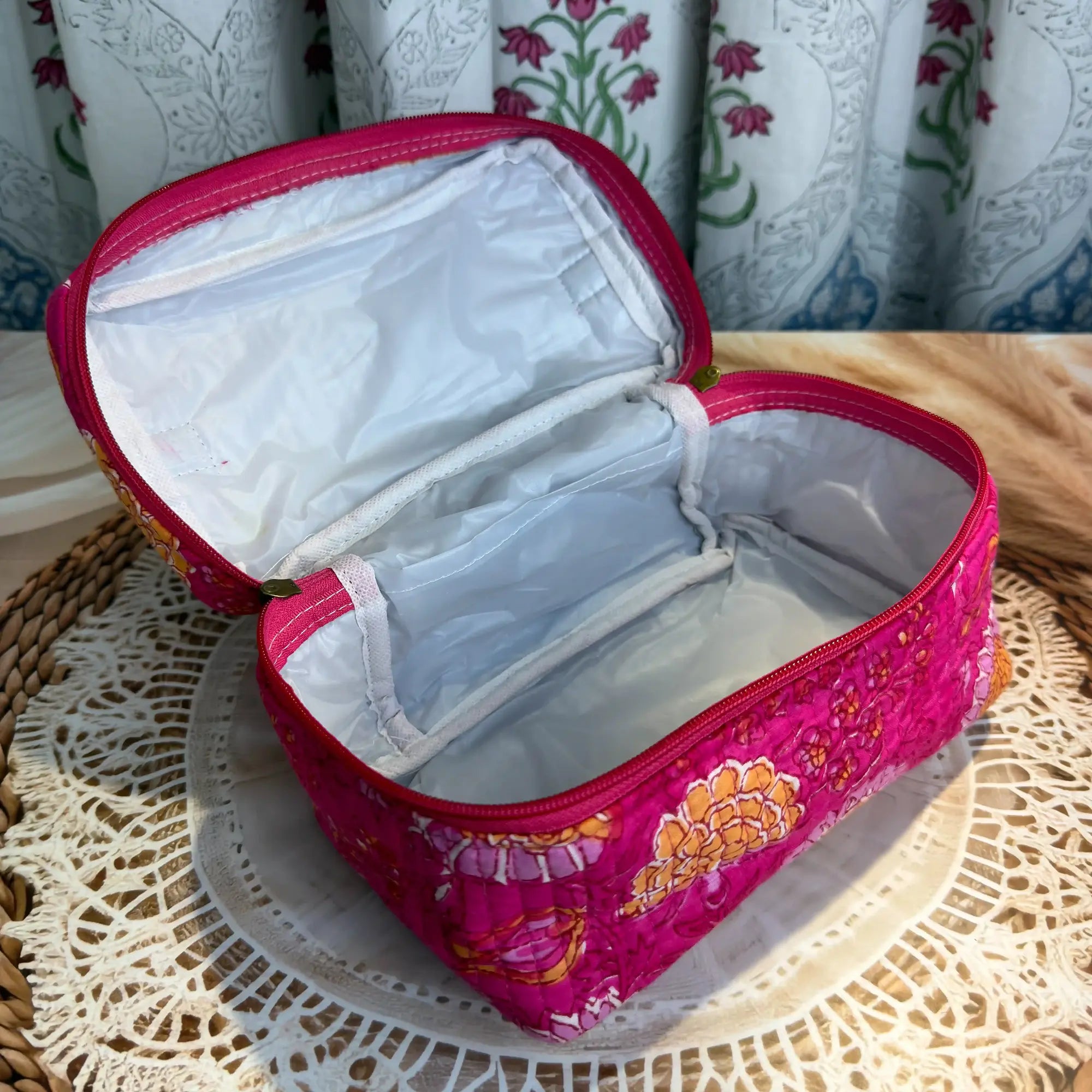Pink quilted cotton cosmetic vanity bag with golden multicolor animal hand block print, spacious handcrafted pouch for cosmetics and grooming essentials