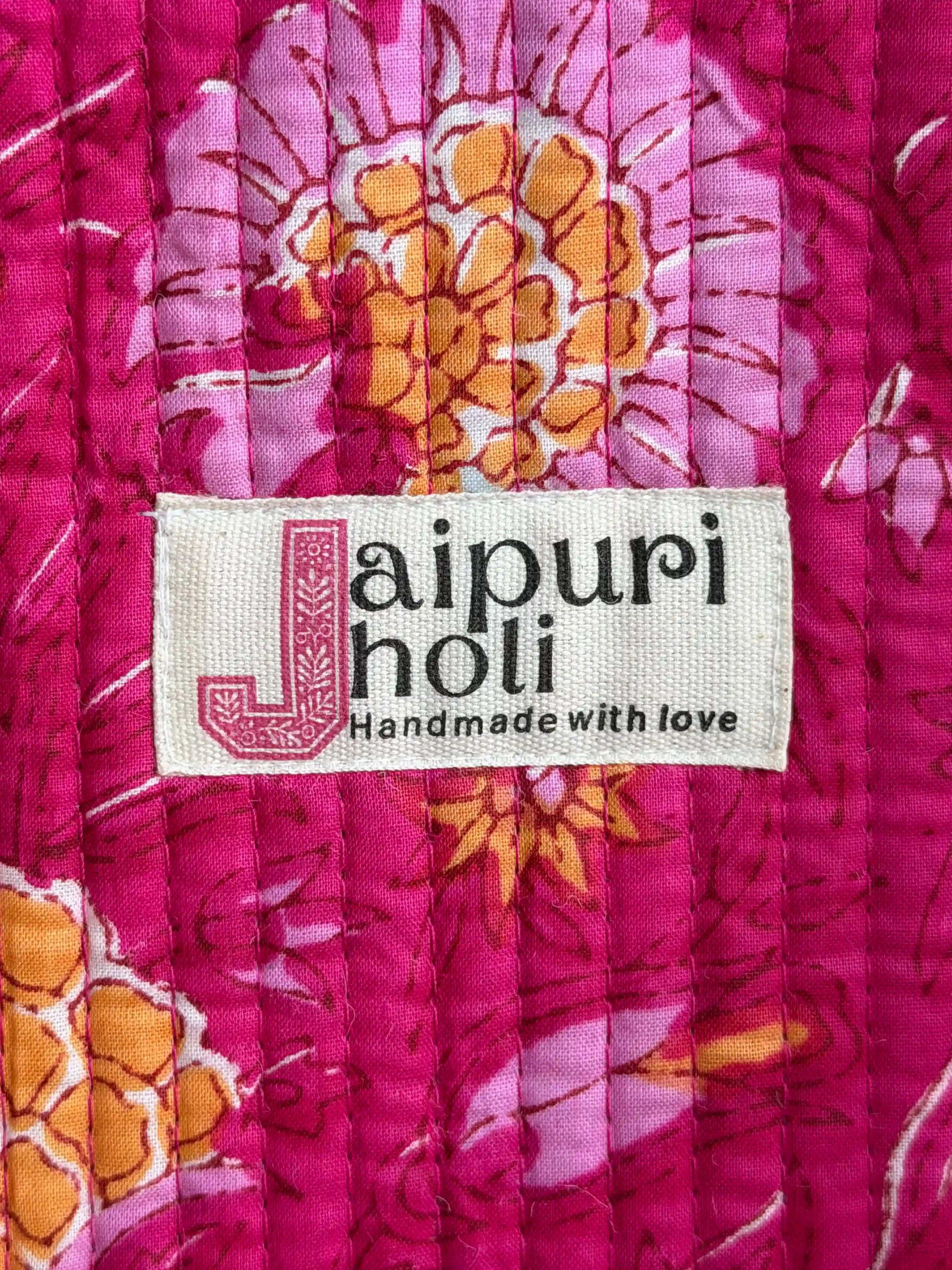 Pink quilted cotton tote bag with traditional hand block print design and zip closure, everyday shoulder bag for daily use and travel.