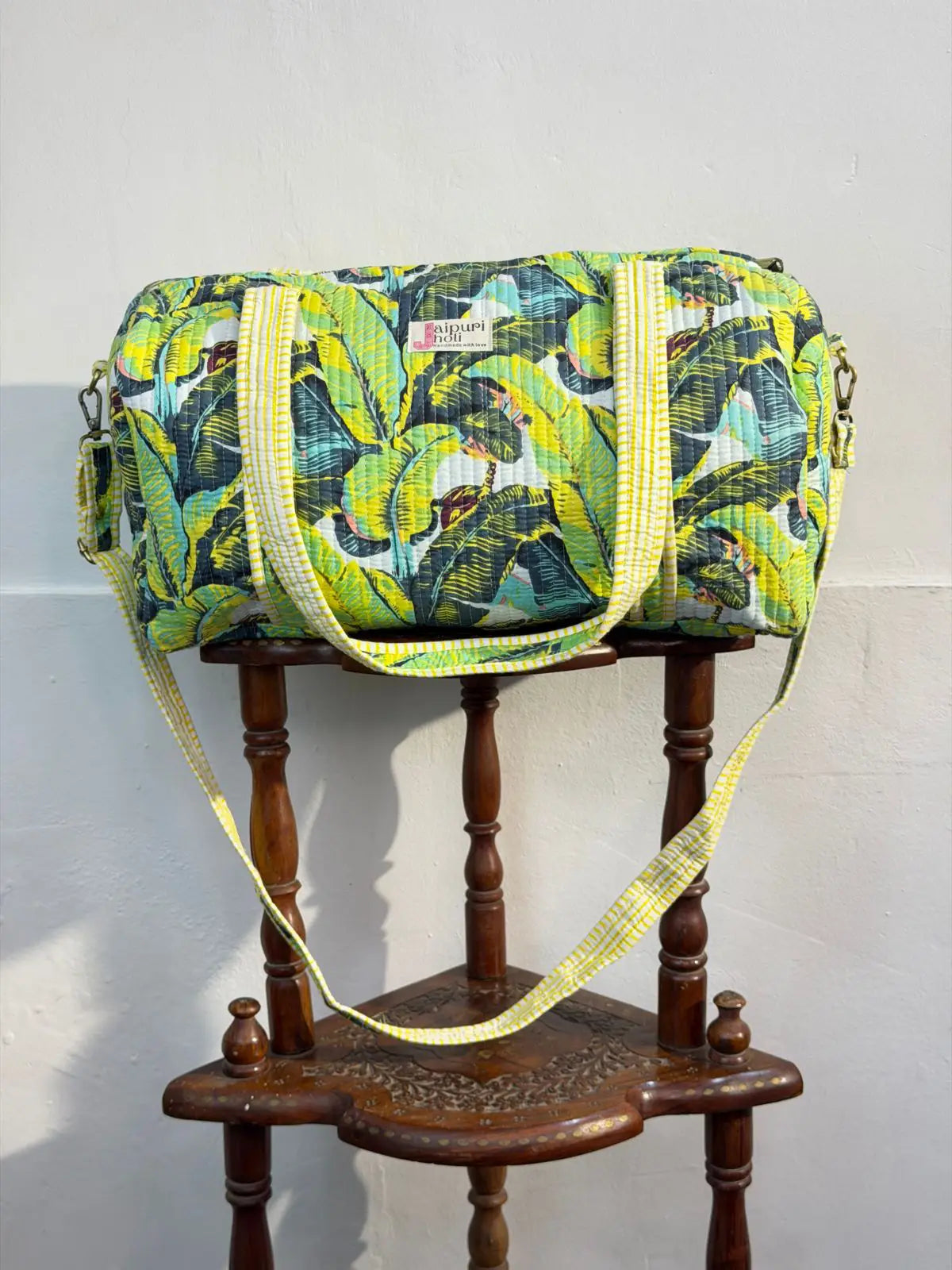 Duffle Bag – Yellow Leafy Jaipur Cotton Quilted Block Print Weekender Bag