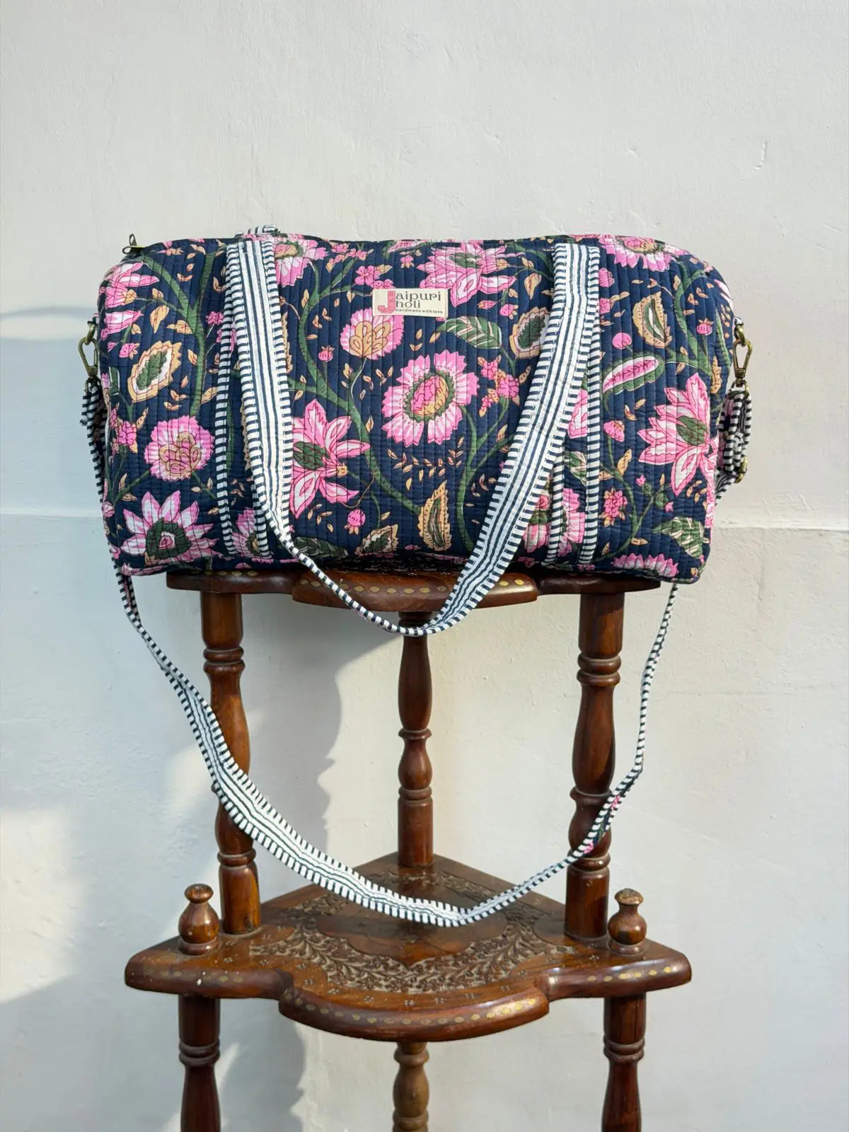 Duffle Bag –Black Floral Jaipur Cotton Quilted Block Print Travel Bag