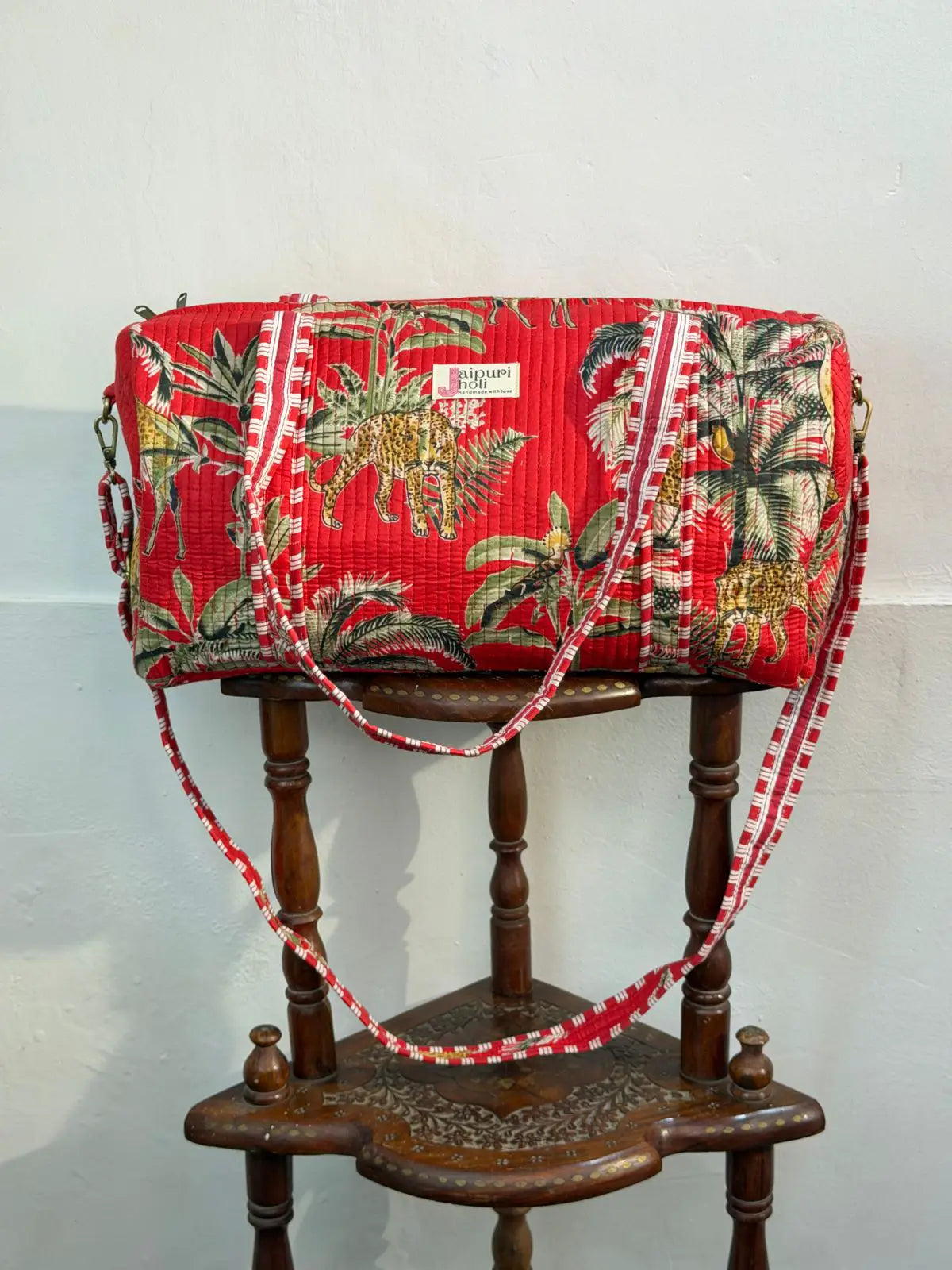 Duffle Bag – Red Leopard Print Trending Jaipur Cotton Quilted Block Print Weekender Bag