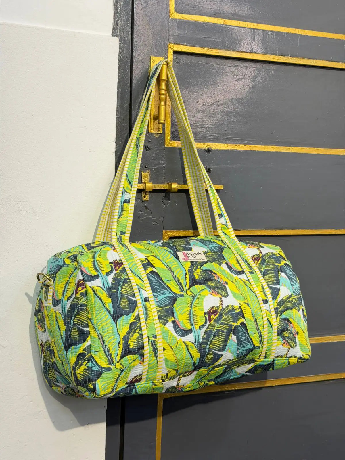 Duffle Bag – Yellow Leafy Jaipur Cotton Quilted Block Print Weekender Bag