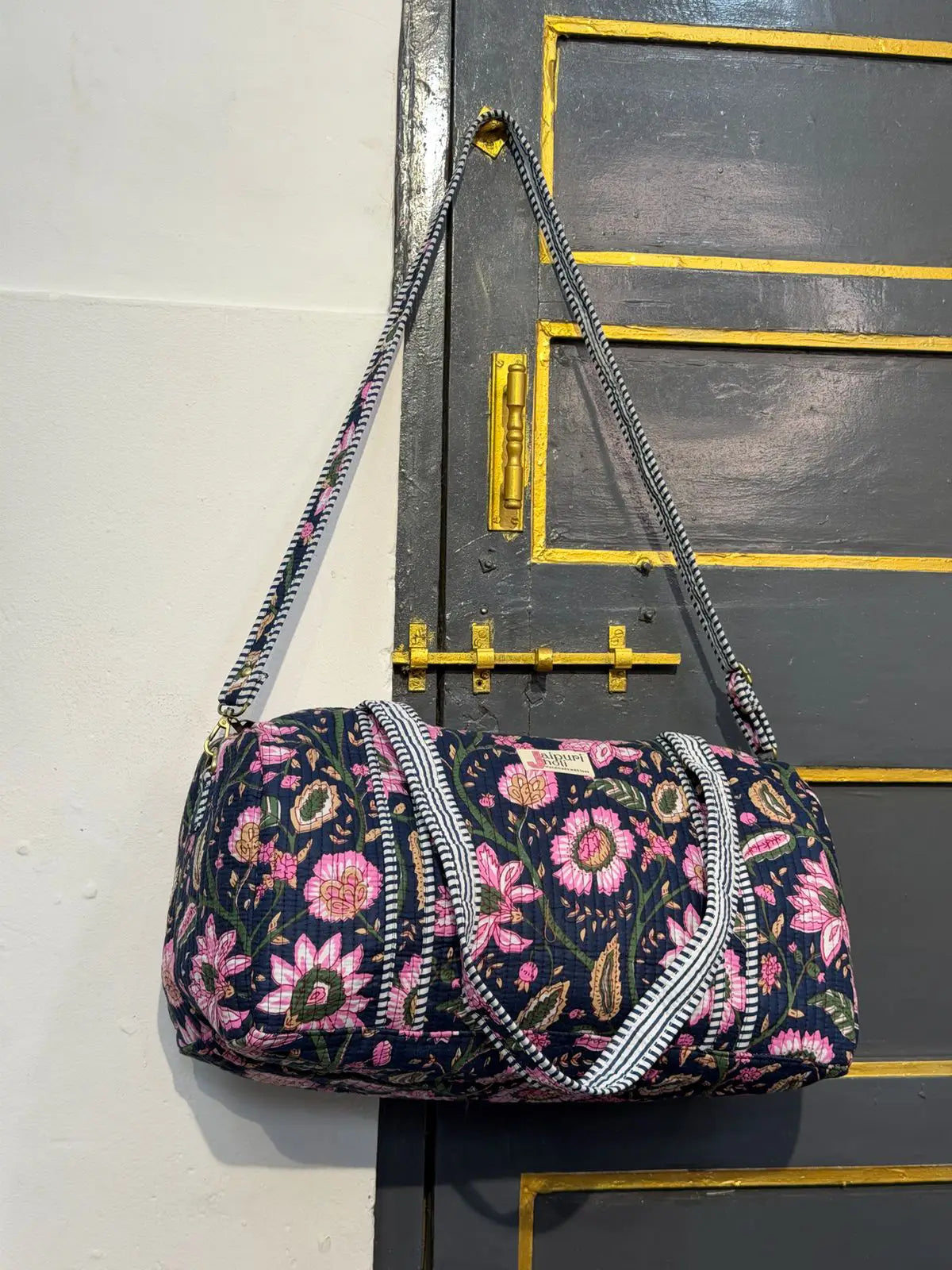 Duffle Bag –Black Floral Jaipur Cotton Quilted Block Print Travel Bag