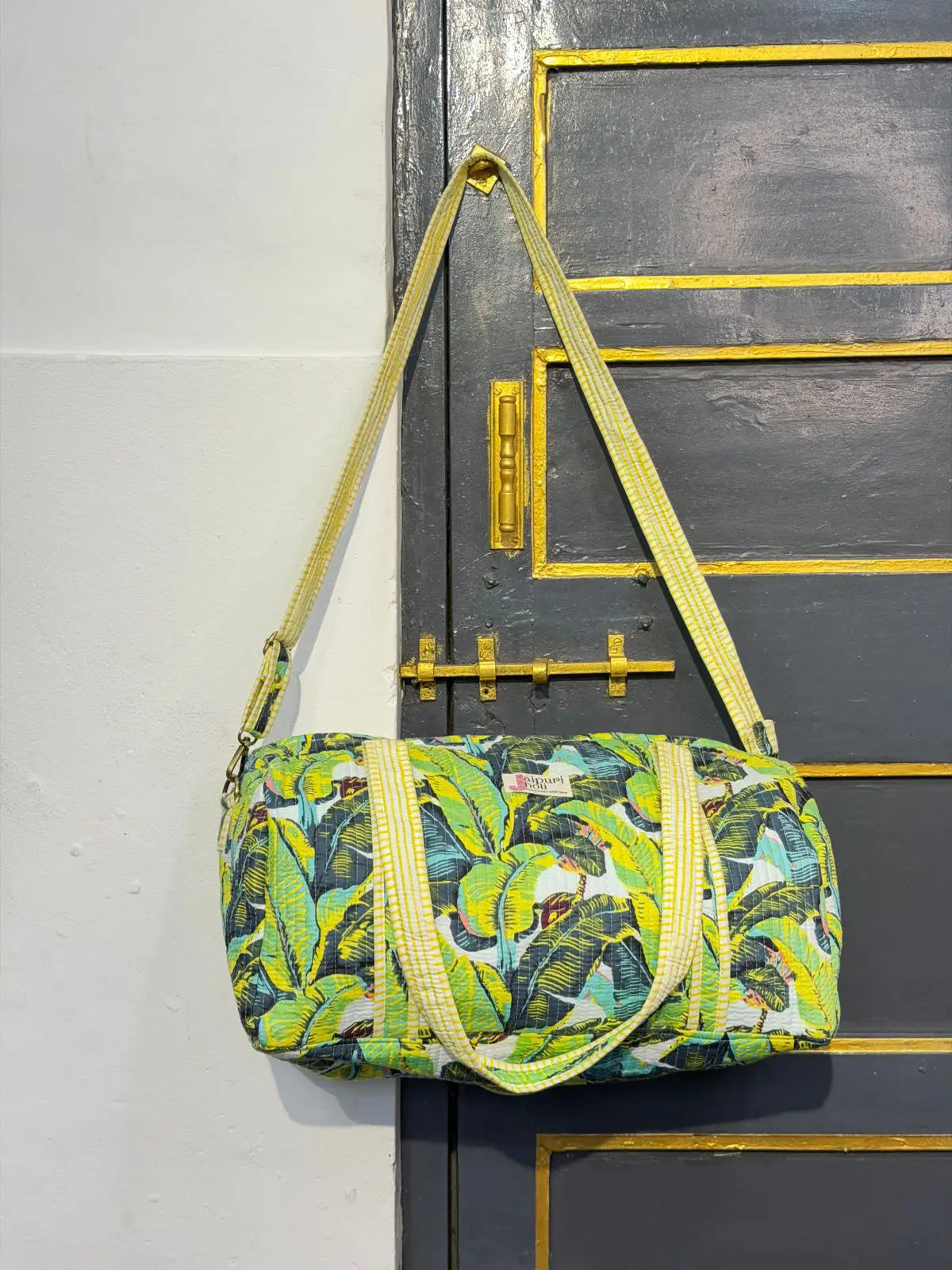 Duffle Bag – Yellow Leafy Jaipur Cotton Quilted Block Print Weekender Bag