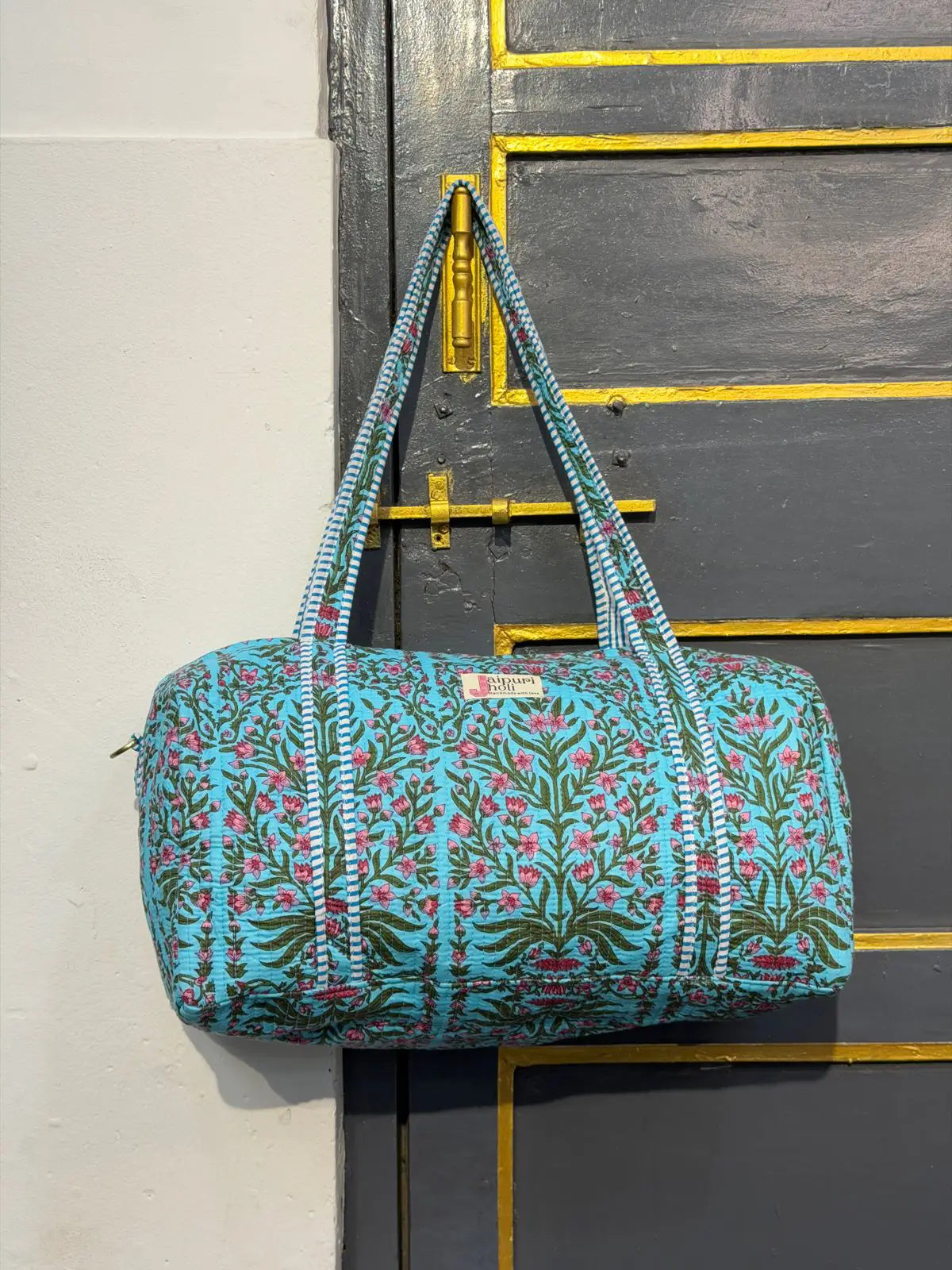 Duffle Bag – Blue Floral Jaipur Cotton Quilted Block Print Travel Bag