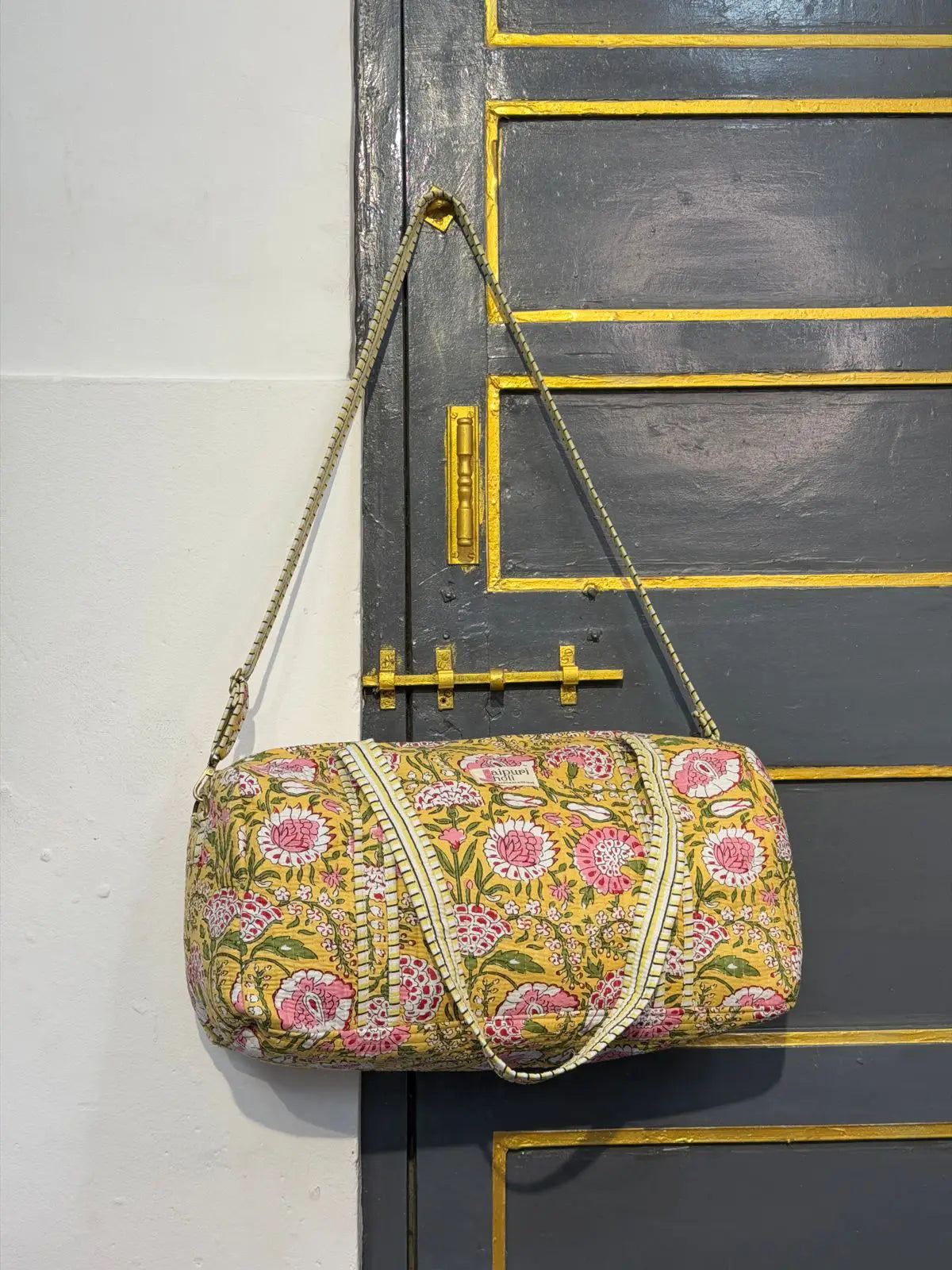 Duffle Bag –Yellow Floral Jaipur Cotton Quilted Block Print Travel Bag