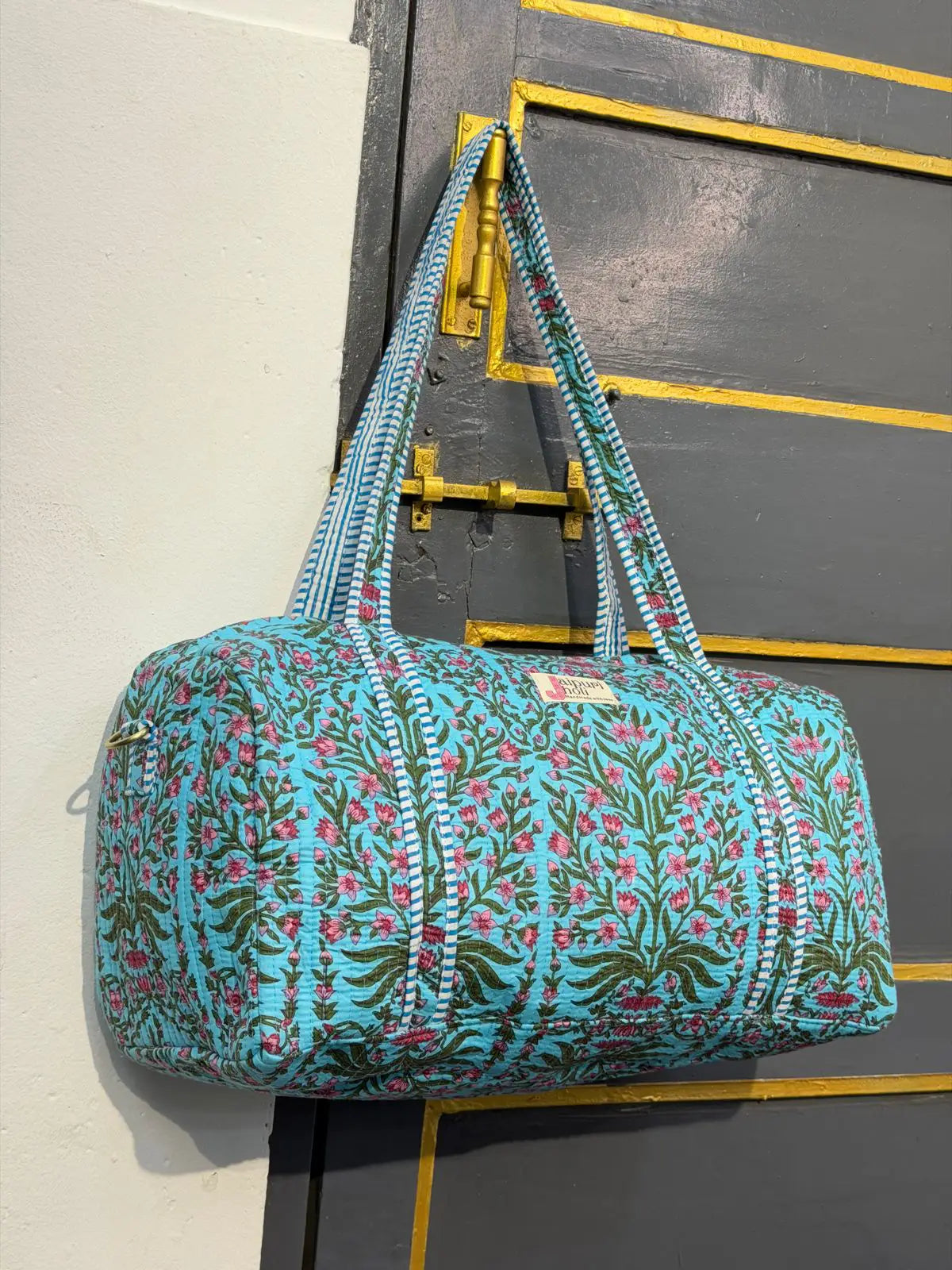 Duffle Bag – Blue Floral Jaipur Cotton Quilted Block Print Travel Bag