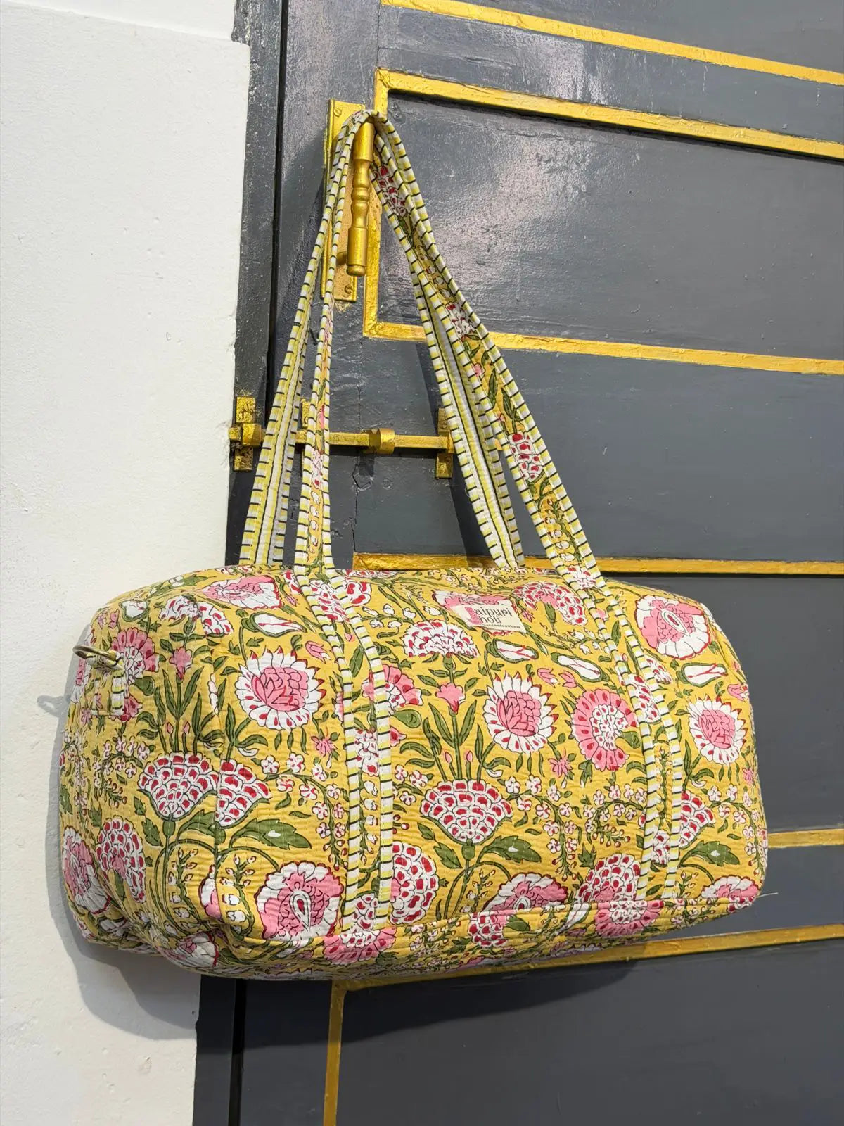 Duffle Bag –Yellow Floral Jaipur Cotton Quilted Block Print Travel Bag