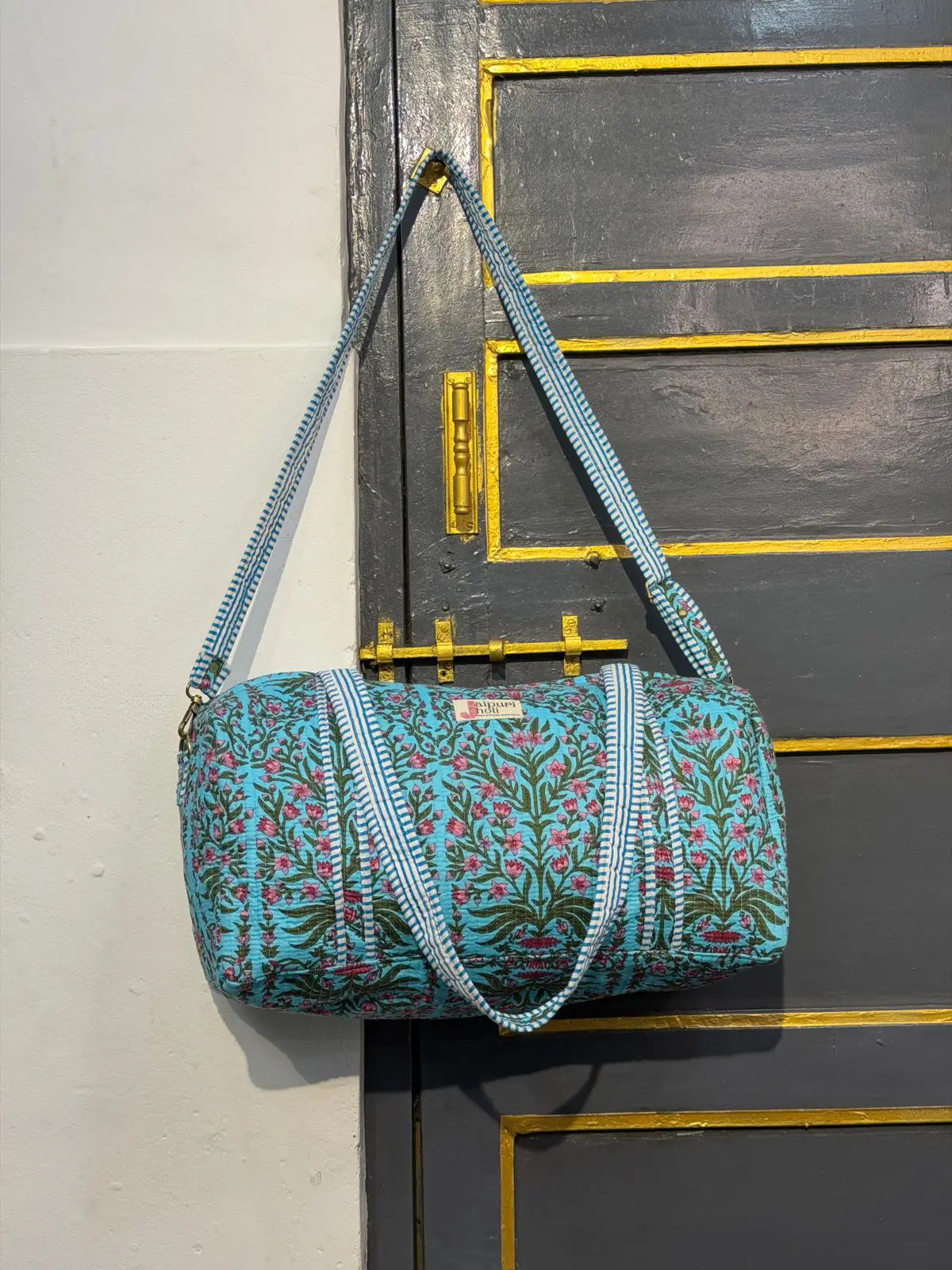 Duffle Bag – Blue Floral Jaipur Cotton Quilted Block Print Travel Bag