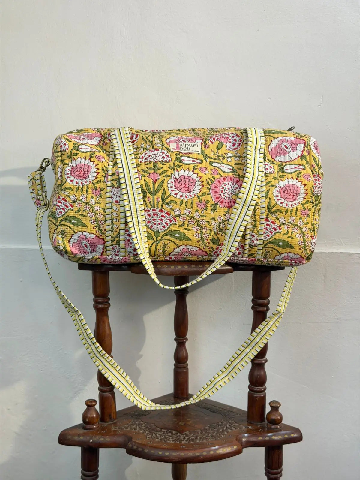 Duffle Bag –Yellow Floral Jaipur Cotton Quilted Block Print Travel Bag