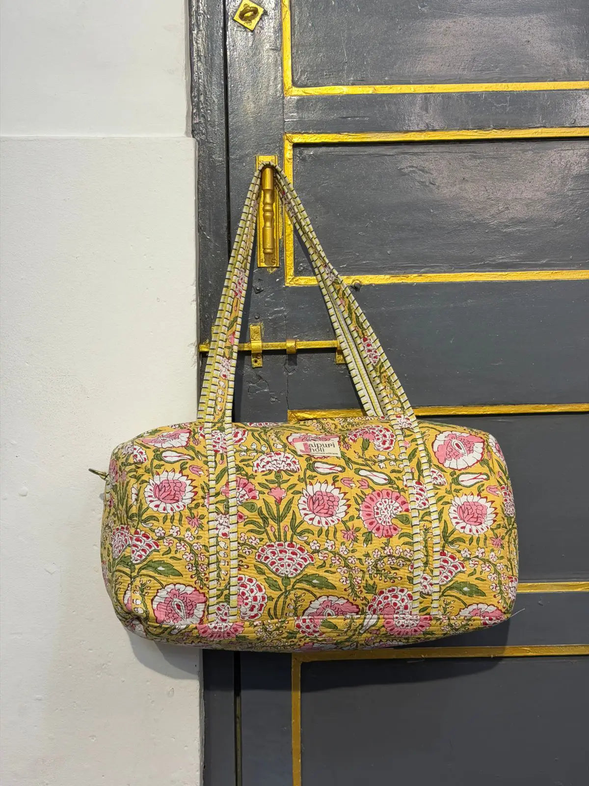 Duffle Bag –Yellow Floral Jaipur Cotton Quilted Block Print Travel Bag
