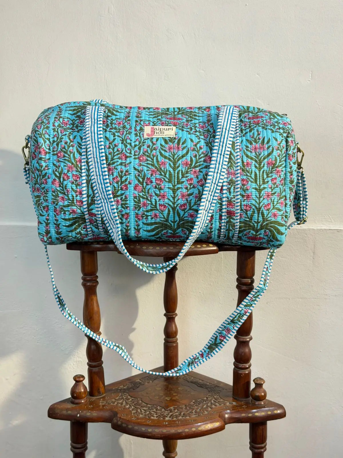 Duffle Bag – Blue Floral Jaipur Cotton Quilted Block Print Travel Bag