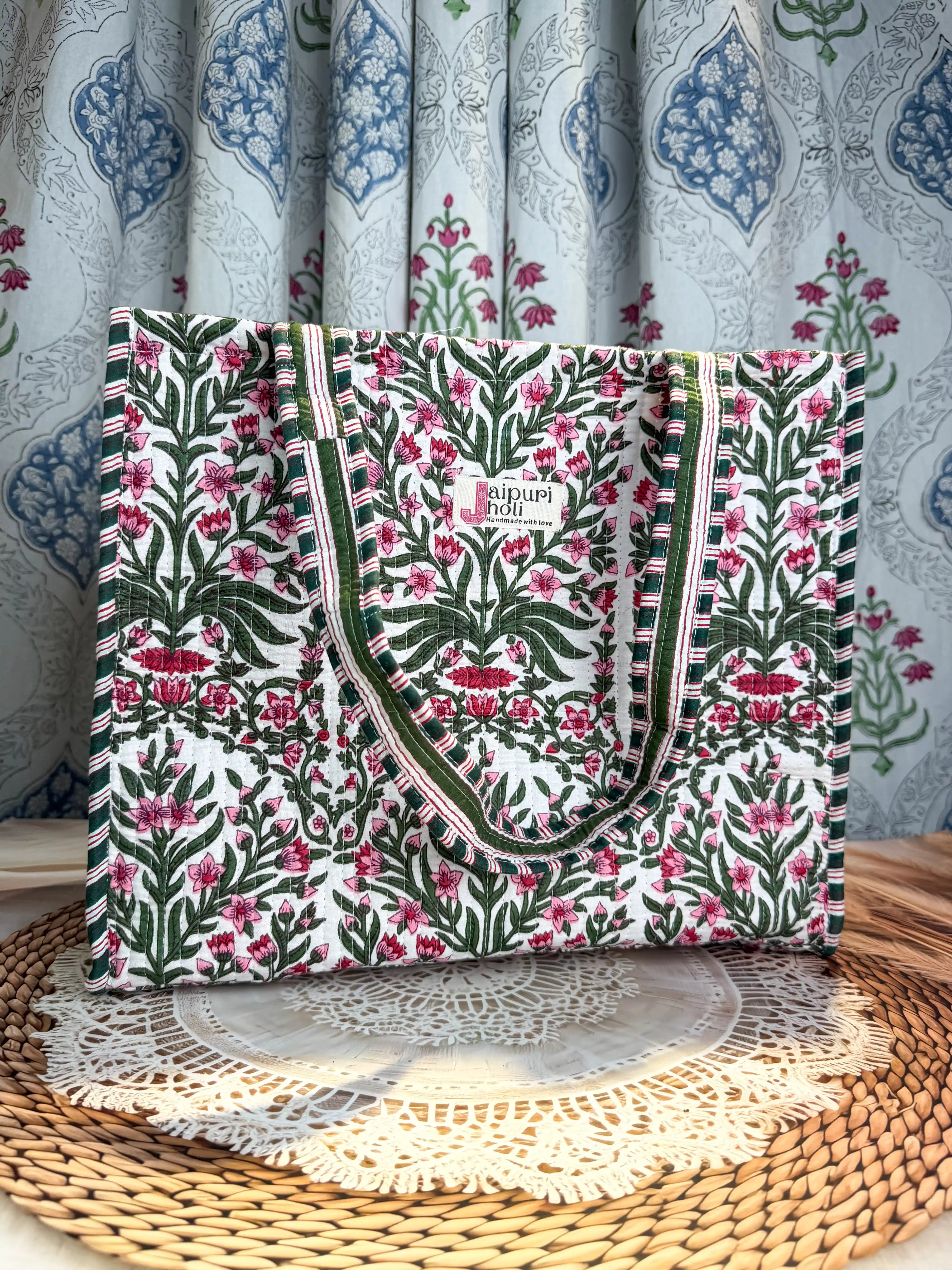 White quilted cotton open mini tote with pink floral hand block print, lightweight shoulder bag for daily essentials.
