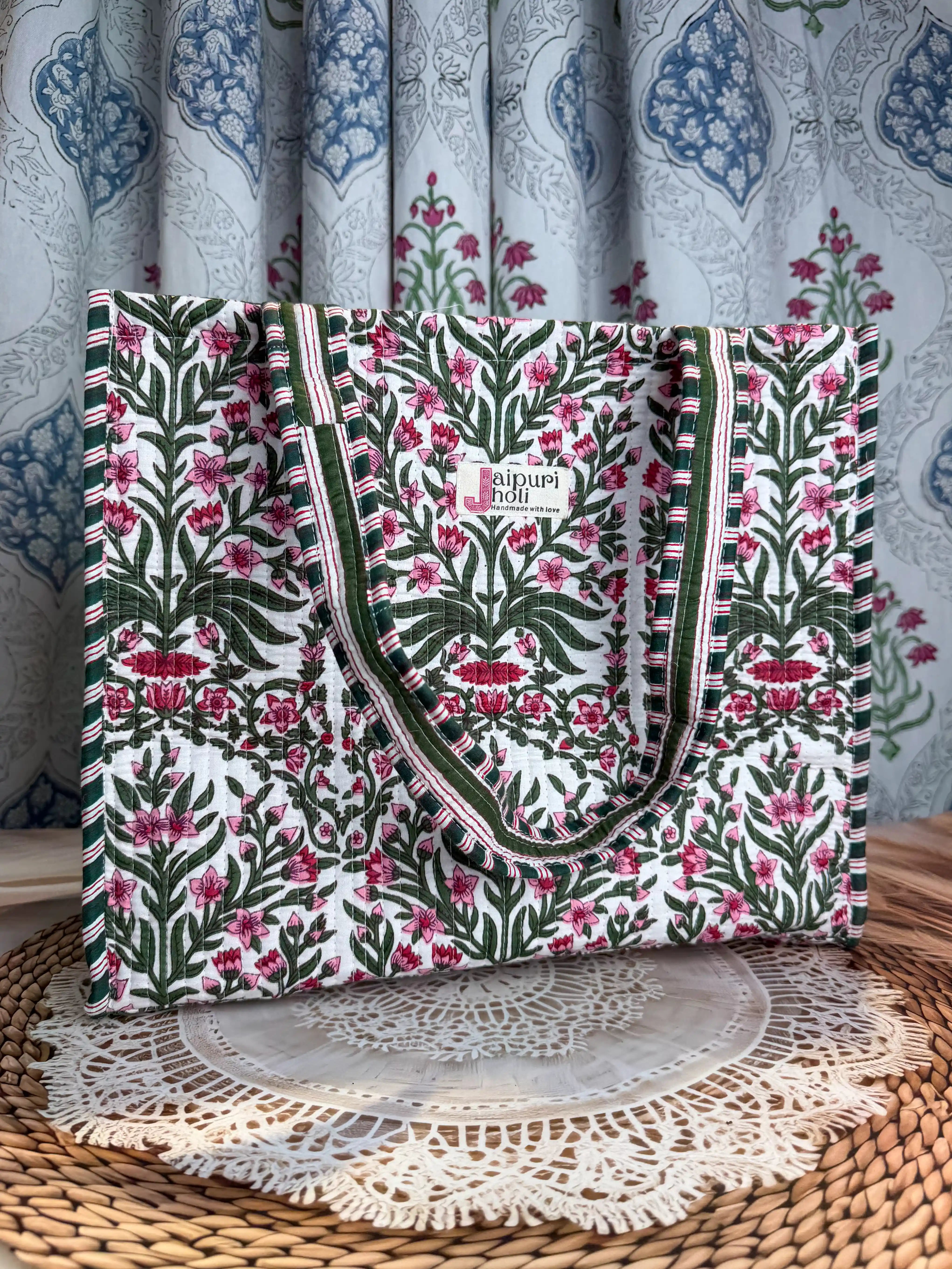 White quilted cotton open mini tote with pink floral hand block print, lightweight shoulder bag for daily essentials.