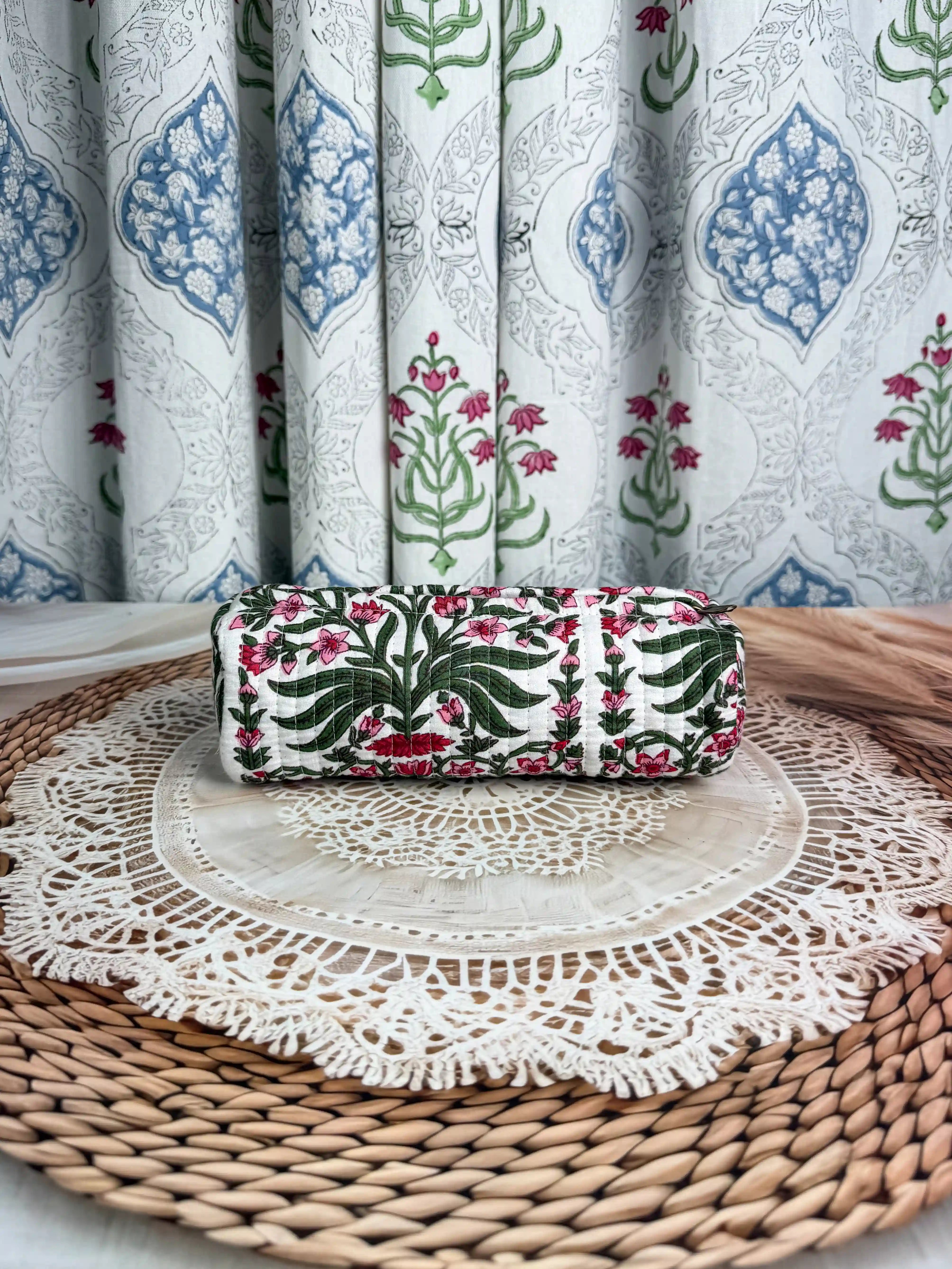 Quilted cotton white pencil pouch with red  and green leaves floral Jaipuri hand block print, zip closure, handmade pen case for school and office stationery