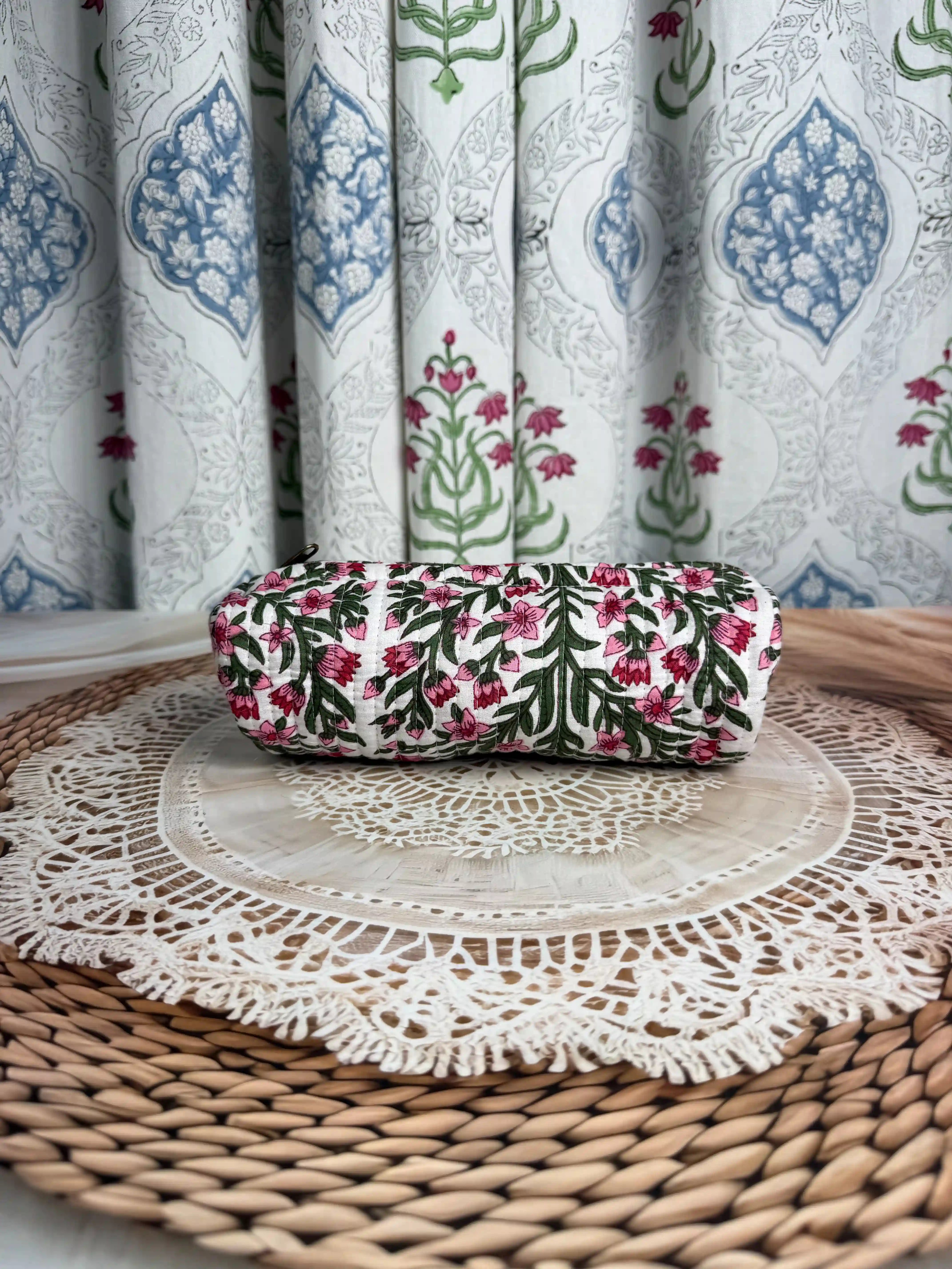 Quilted cotton white pencil pouch with red  and green leaves floral Jaipuri hand block print, zip closure, handmade pen case for school and office stationery.