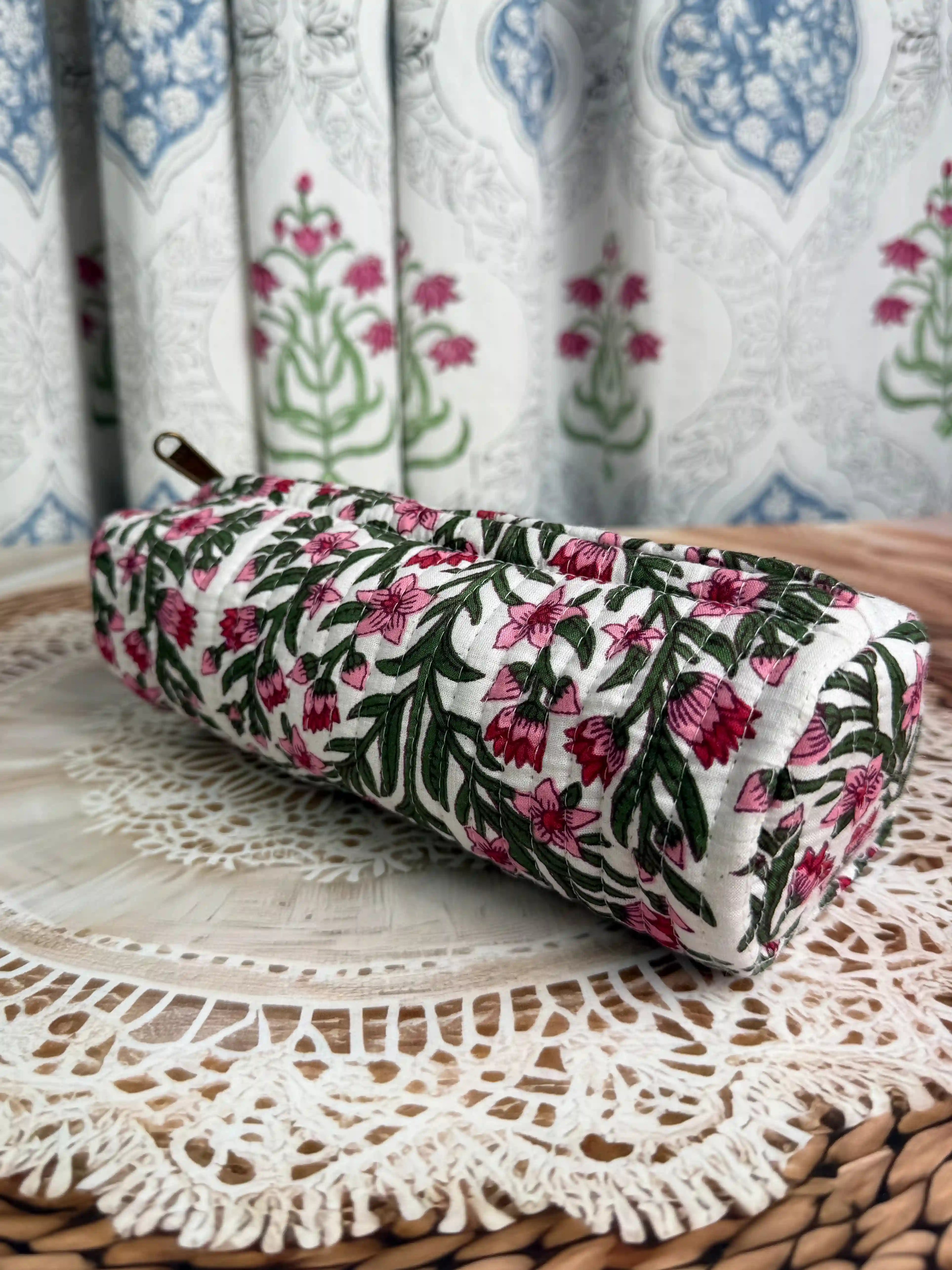 Quilted cotton white pencil pouch with red  and green leaves floral Jaipuri hand block print, zip closure, handmade pen case for school and office stationery.