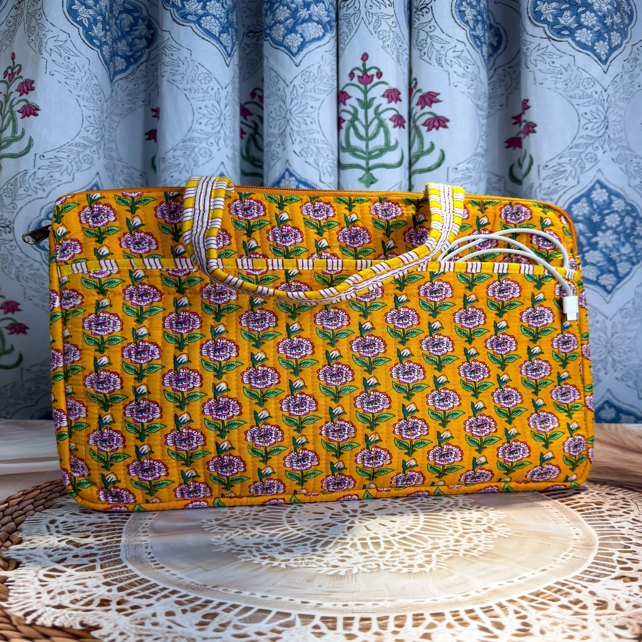 Bright yellow quilted cotton laptop bag with blue and purple multicolor Floral print hand block design, padded handcrafted laptop cover