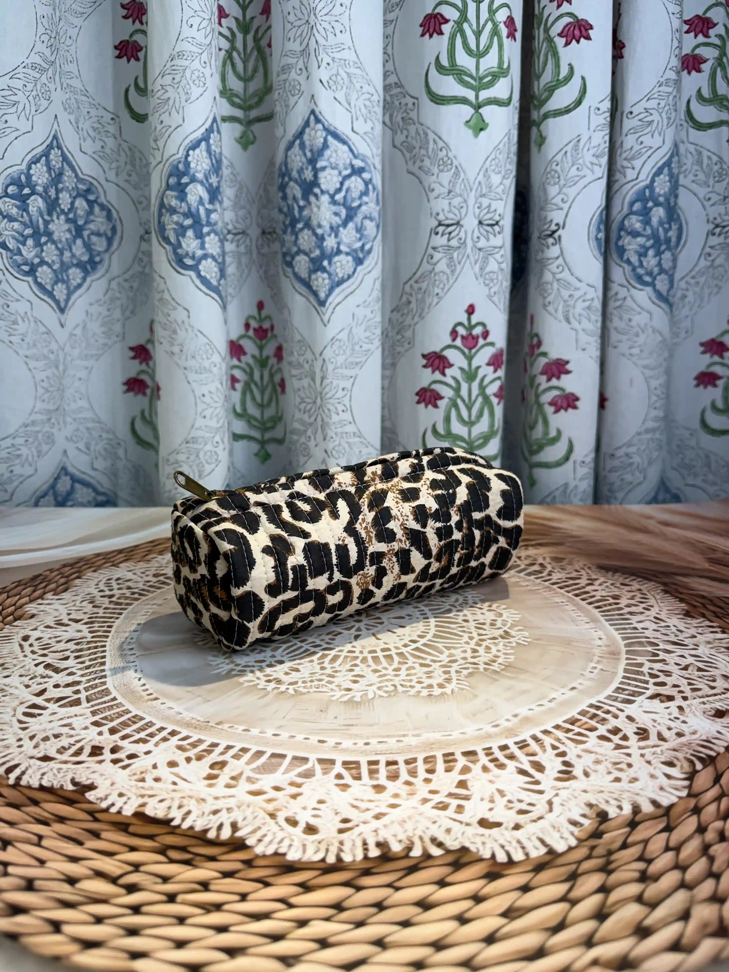 Quilted cotton leopard print pencil pouch with beige and brown Jaipuri hand block print, zip closure, handcrafted leopard animal print pen pouch for school and office.