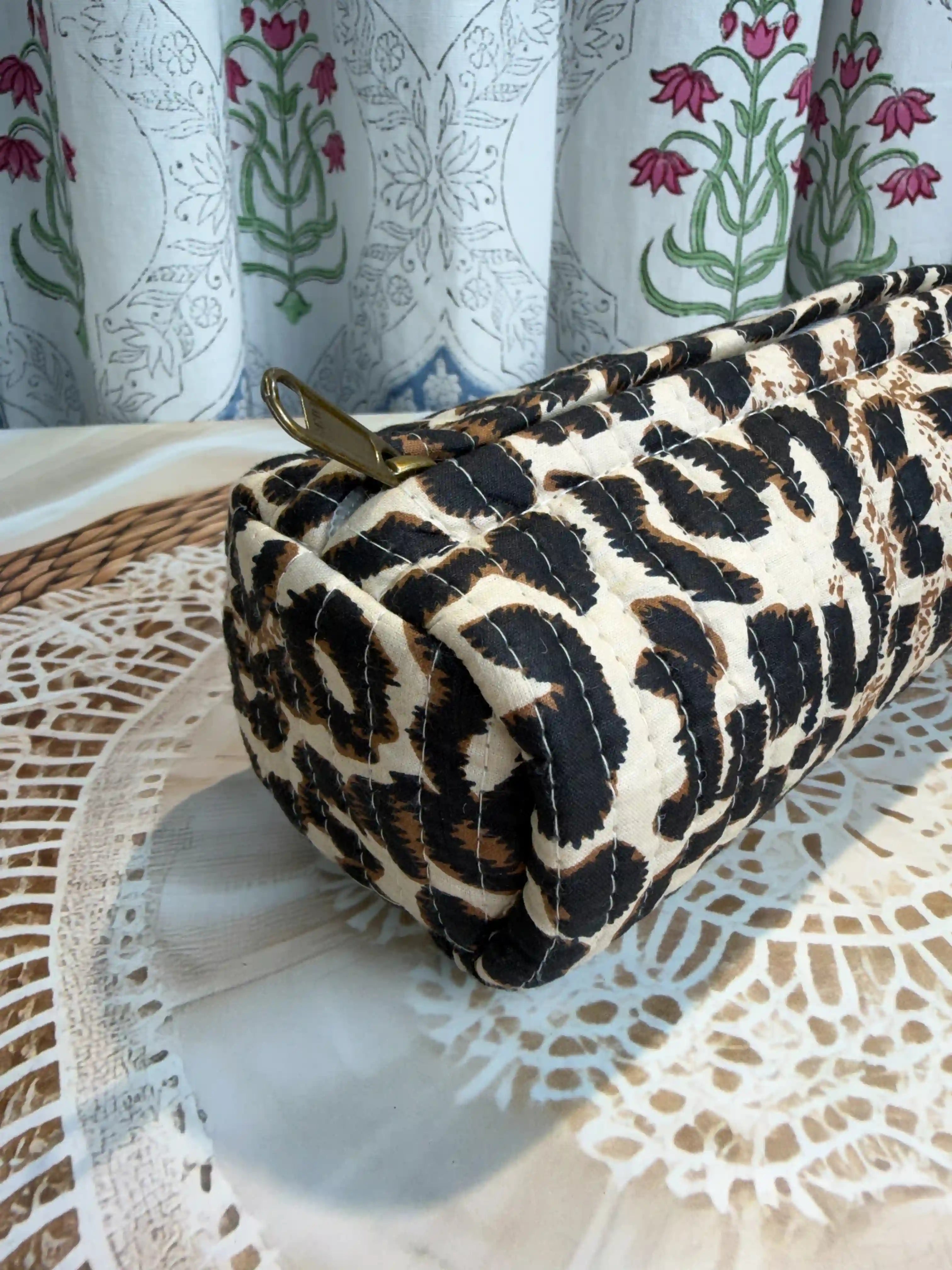 Quilted cotton leopard print pencil pouch with beige and brown Jaipuri hand block print, zip closure, handcrafted leopard animal print pen pouch for school and office