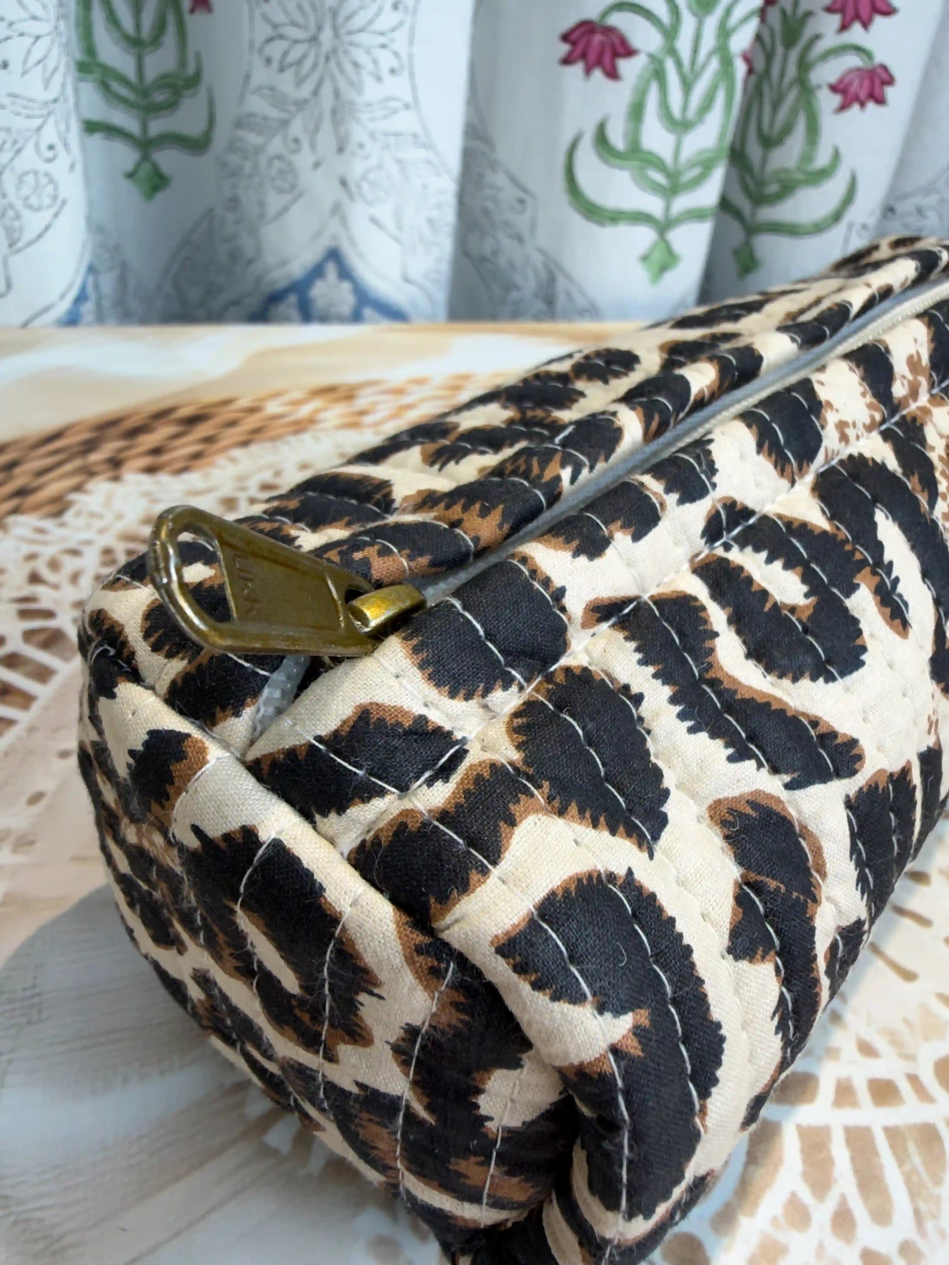 Quilted cotton leopard print pencil pouch with beige and brown Jaipuri hand block print, zip closure, handcrafted leopard animal print pen pouch for school and office