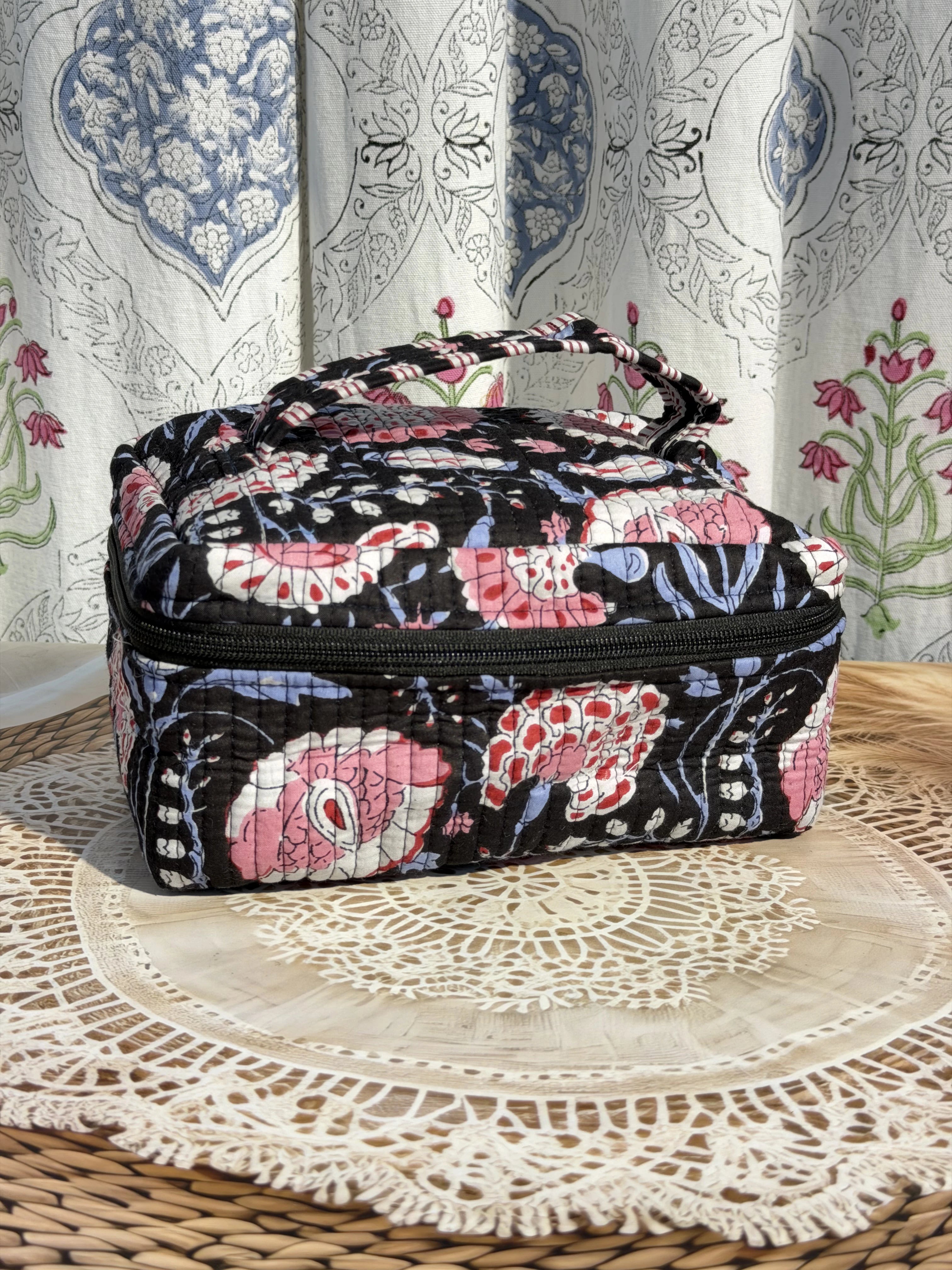 Jaipur Block Print Quilted Travel Makeup Bag for Women - Black and Pink Floral Front View