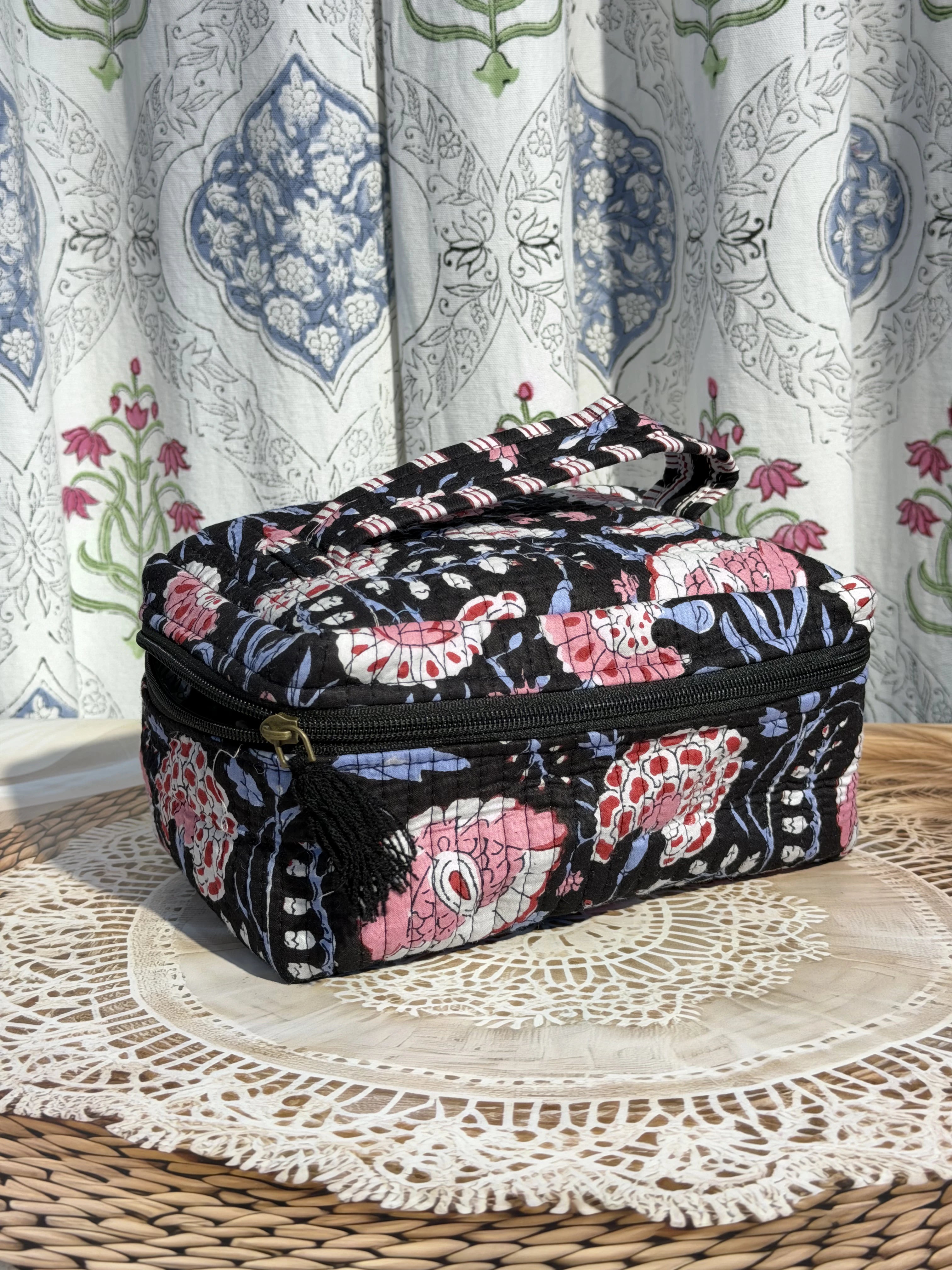 Jaipur Block Print Quilted Travel Makeup Bag for Women - Black and Pink Floral Side View