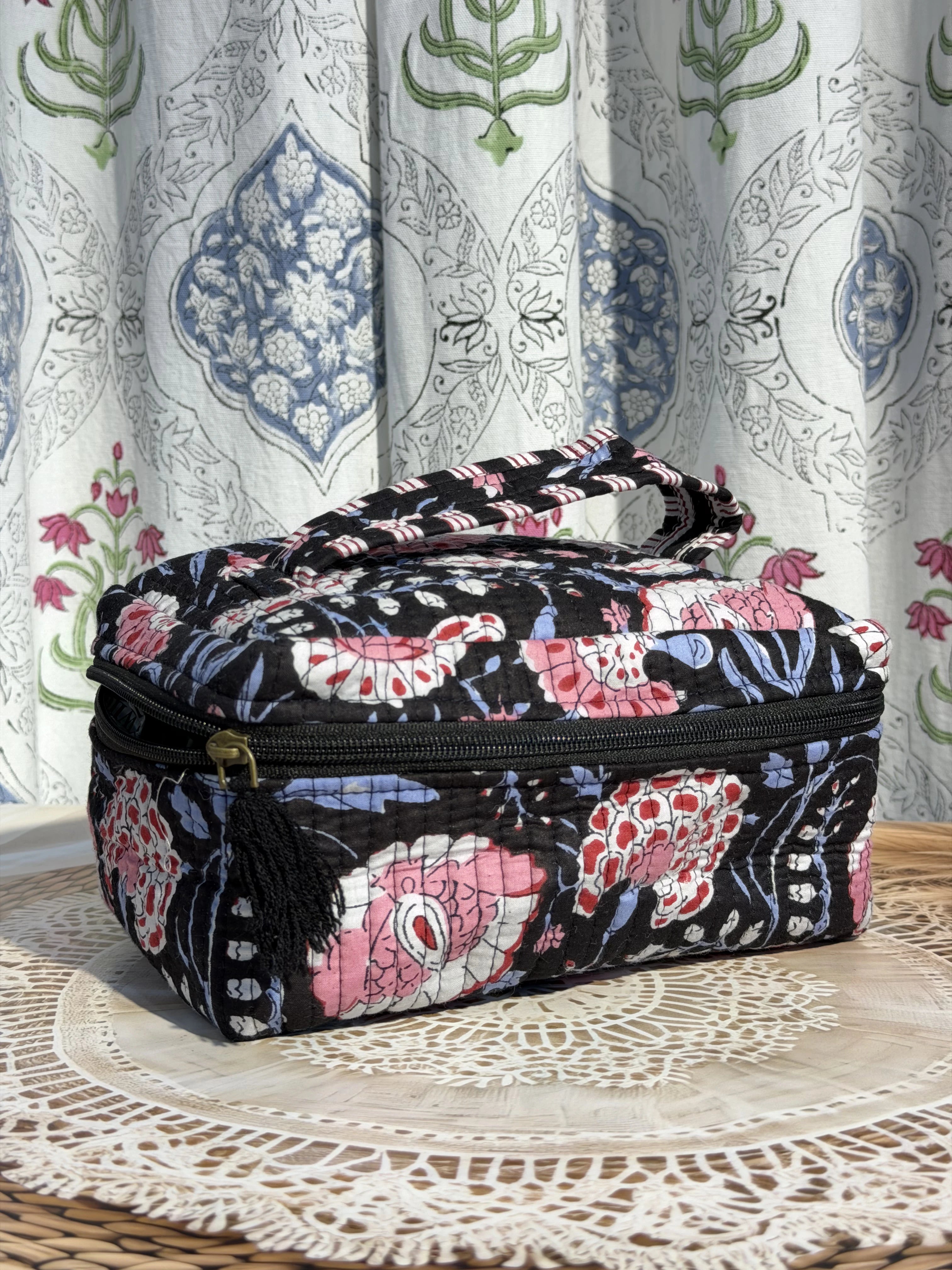 Jaipur Block Print Quilted Travel Makeup Bag for Women - Black and Pink Floral Back View