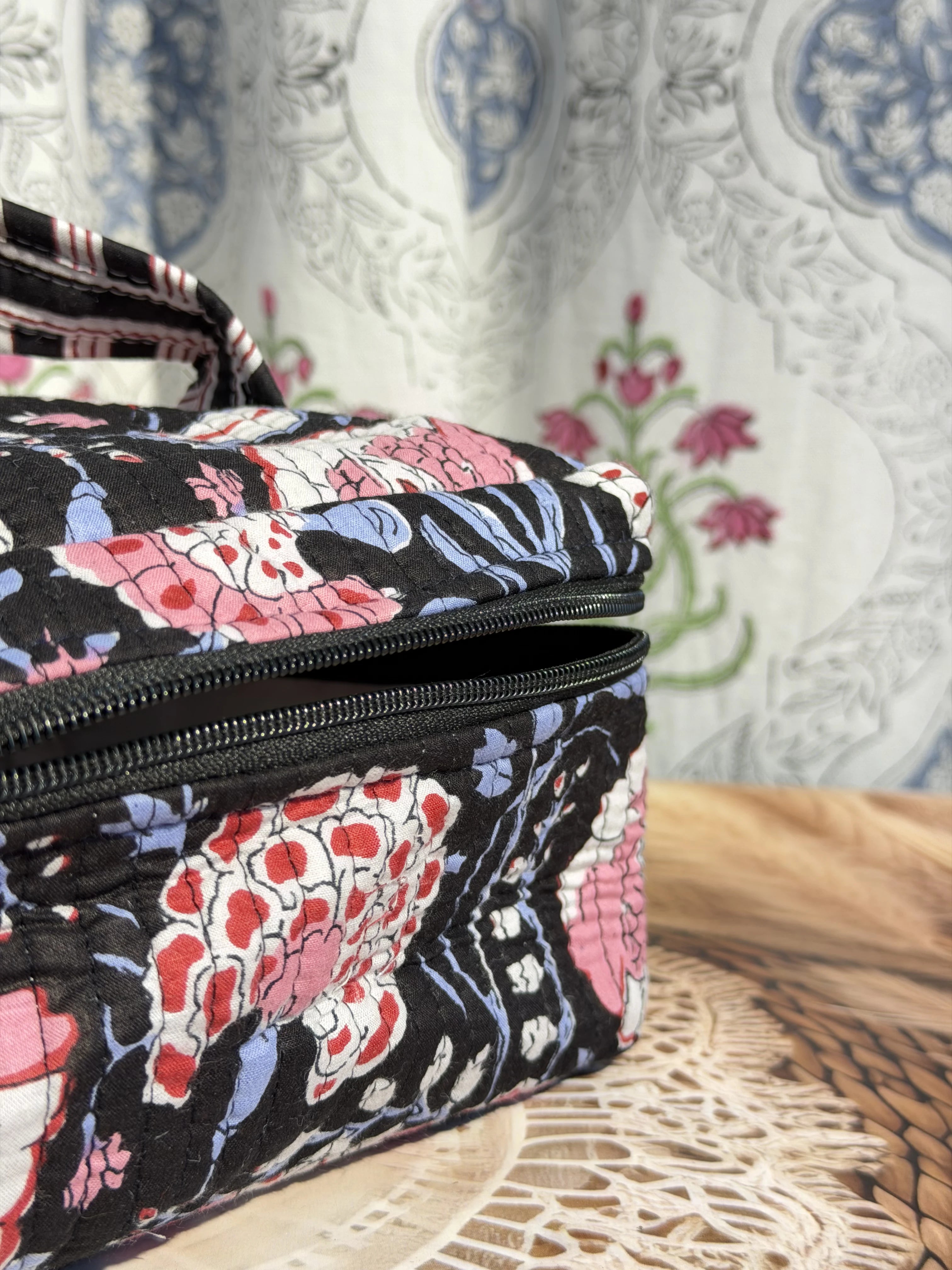 Jaipur Block Print Quilted Travel Makeup Bag for Women - Black and Pink Floral Interior View