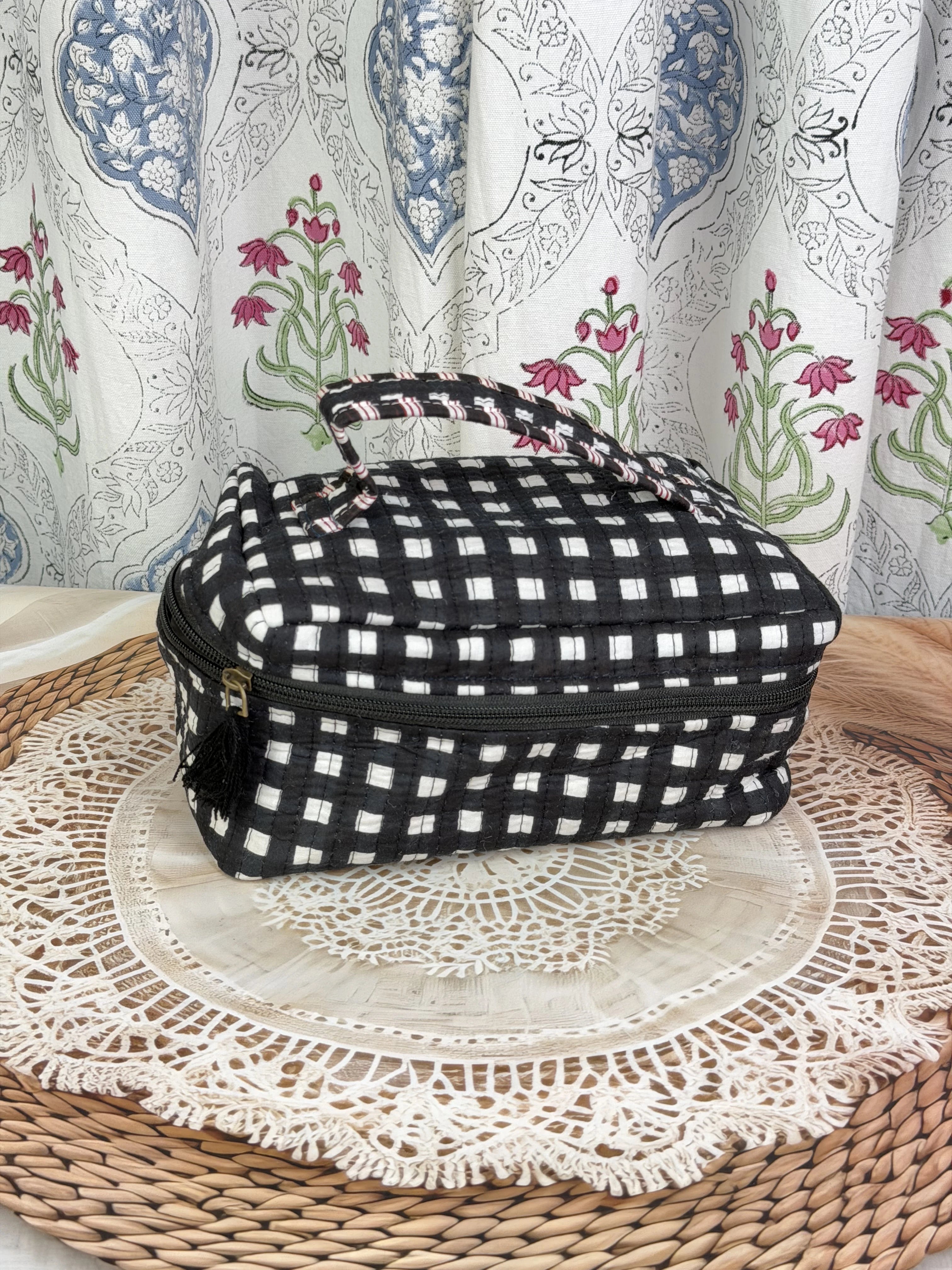 Jaipur Block Print Quilted Travel Makeup Bag for Boys - Black and White Check Front View